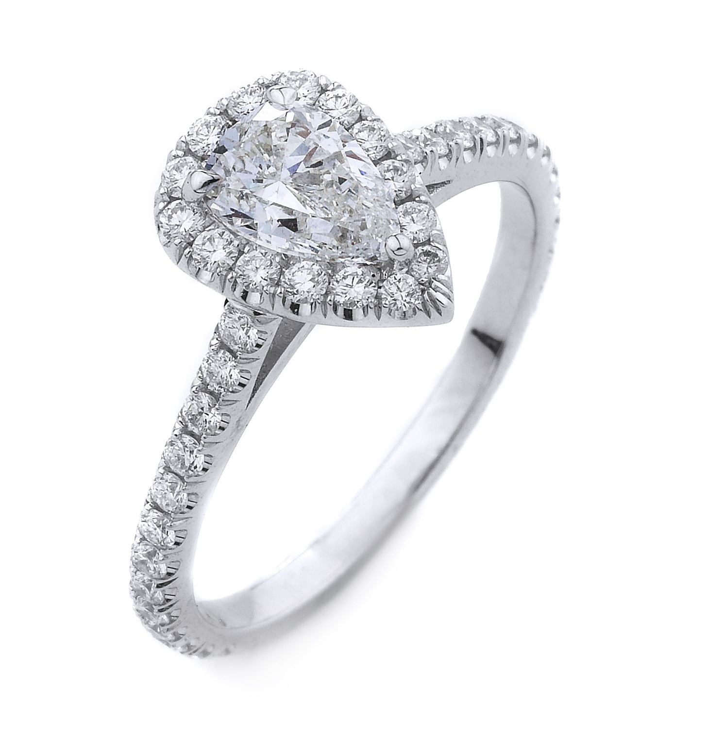 2.66 Grams Hand Crafted Ladies Ring. 0.74CT Pear Shape Center Diamond Of G Color, SI1 and 41 U Pave Shank Diamonds Totaling 0.50ct Of F-G Color, VVS-VS In Clarity.