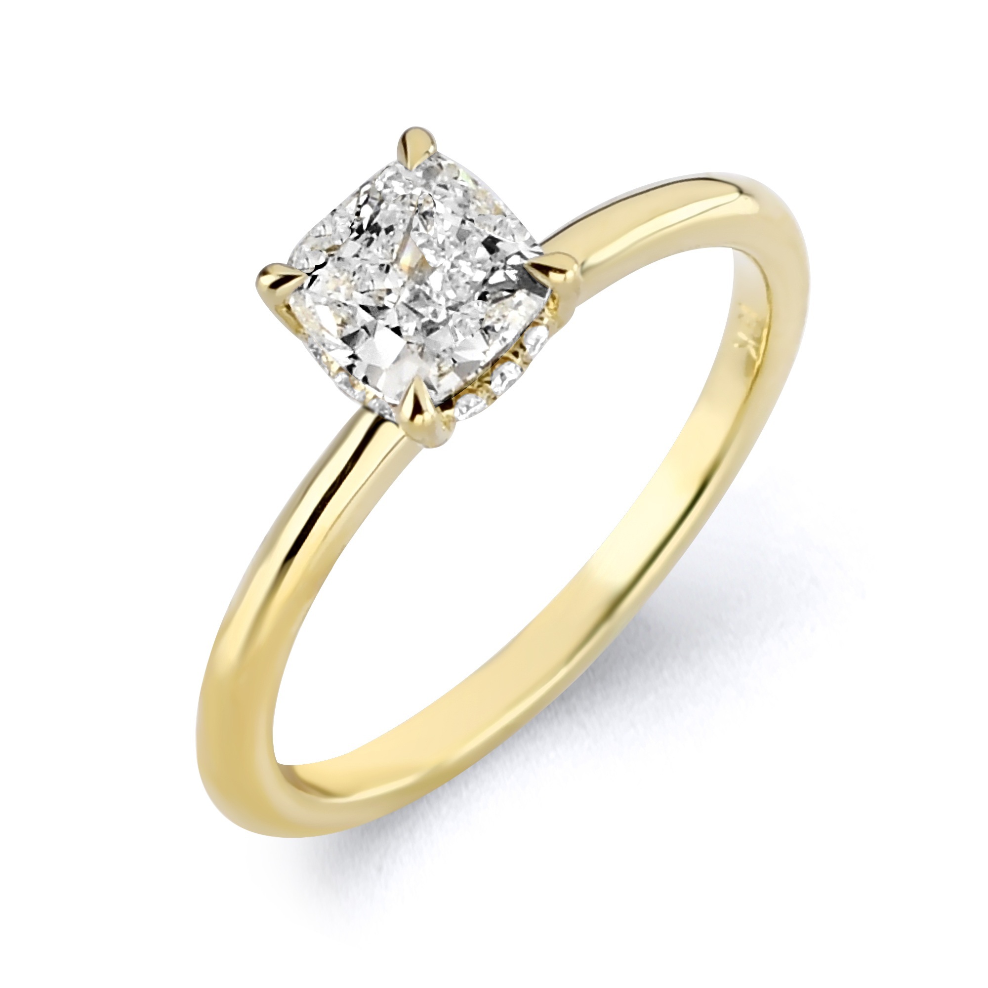 2.93 Grams, 18k Yellow Gold Custom Designed Ladies Solitaire Center Cushion Brilliant 1.02ct Of I Color, SI1 Clarity & 12 Round Hidden  Halo Diamonds 0.06ct Of E-F Color, VS1 Clarity