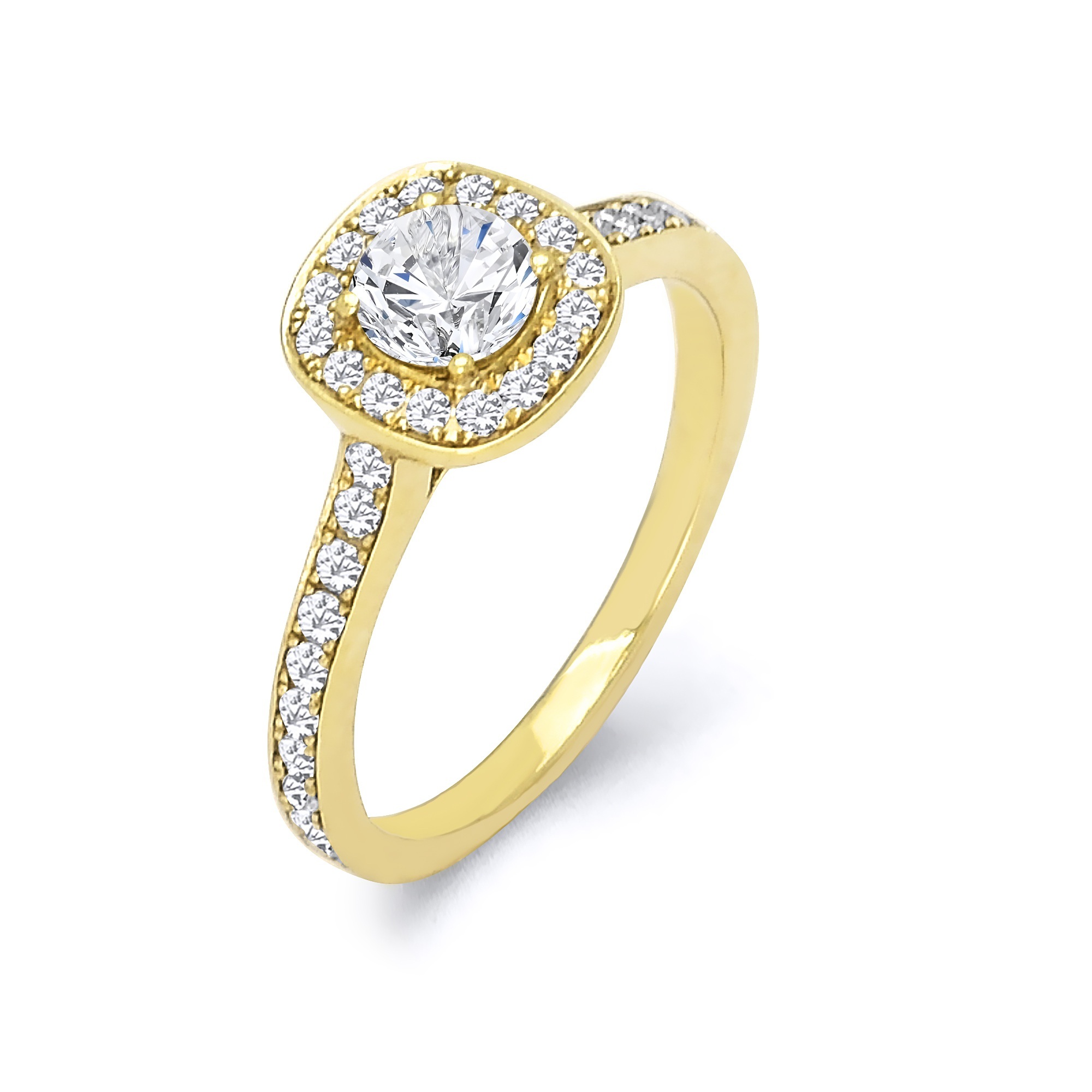 3.31 Grams, 14K Yellow Gold Custom Designed Ladies Engagement Ring, 0.47ct Round Brilliant Center Diamond Of G Color, VVS2 Clarity & 36 Diamonds Totaling 0.38ct Of F-G Color, VS Clarity.