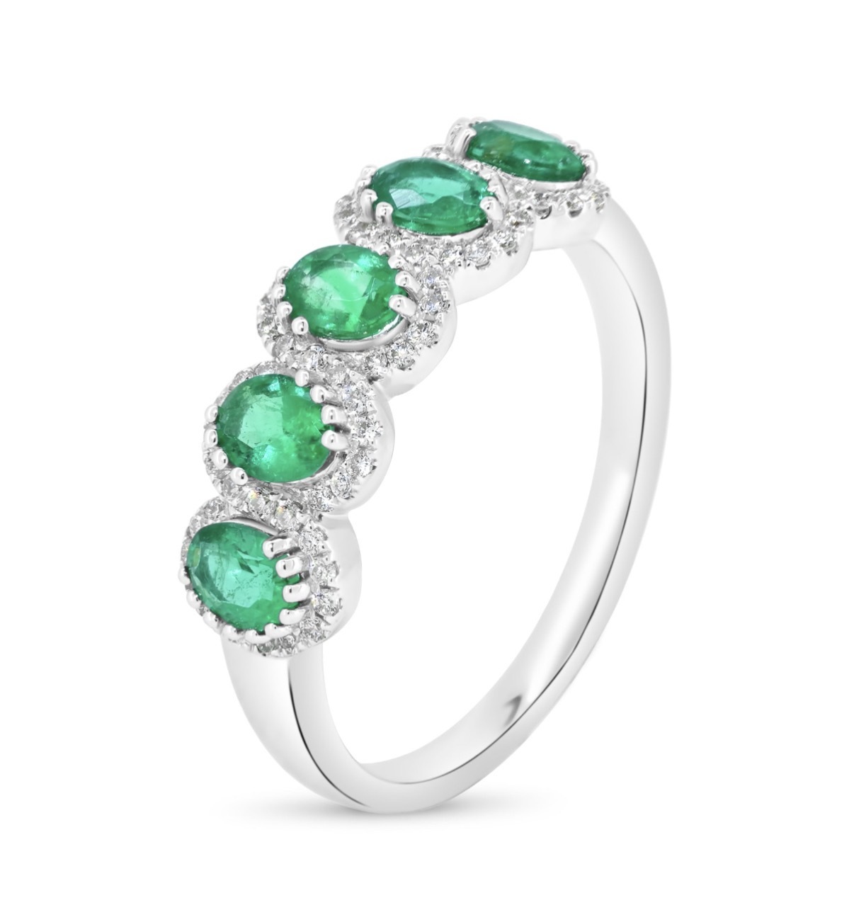 3.34 Grams, 18k White Gold Band With 5 Oval Zambian Emeralds Totaling 0.75ct & Halos In Diamonds 0.19ct Of G Color, VS Clarity; LB4910044/5E