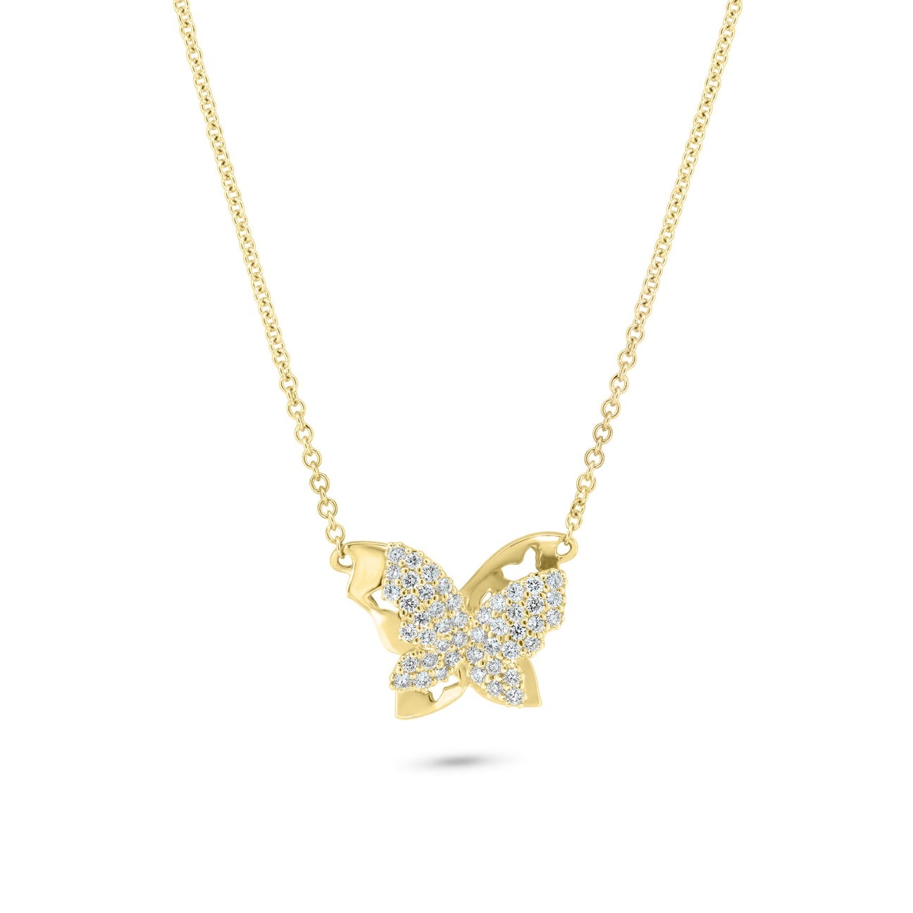 3.37 Grams, 14k Yellow Gold Butterfly Necklace With 46 Diamonds Totaling 0.35ct Of F Color, VS Clarity; DJBUTN35CTY