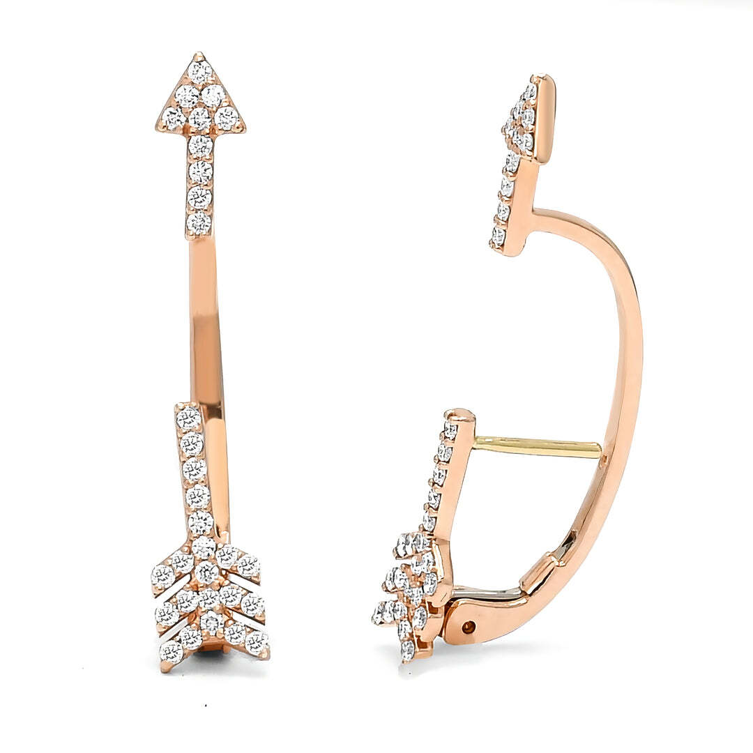 3.44 Grams, 14k Rose Gold Arrow Earrings With 62 Diamonds Totaling 0.45ct Of F-G Color, VS Clarity; DJARROW-R