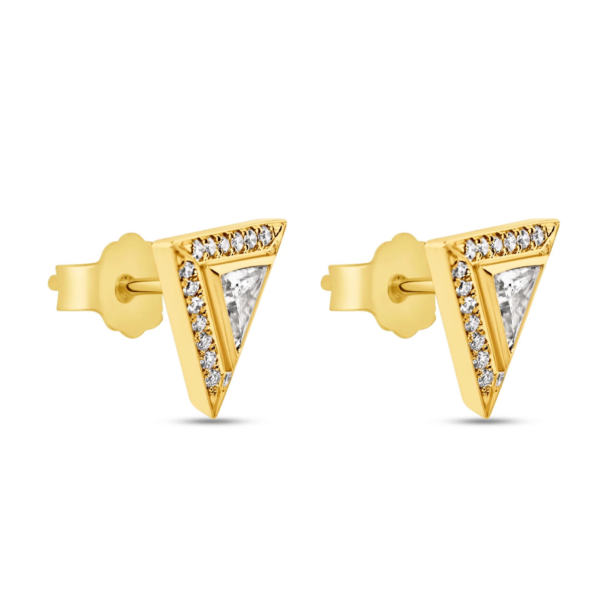 3.52 Grams, 18k Yellow Gold Custom Designed Studs Two Center Trillions 0.50ct Of I Color, SI1 Clarity & 40 Round Brilliant Diamonds Totaling 0.25ct Of E-F Color, VS1 Clarity; DJSTT50CT