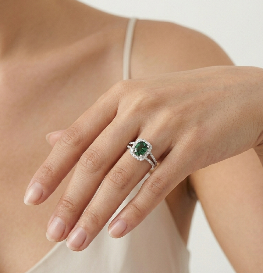 3.98 Grams 18K White Gold Ladies Ring, Center 1.10ct Oval Green Sapphire and  0.40ct Round Diamond Of G Color, VS2-SI1 Clarity.