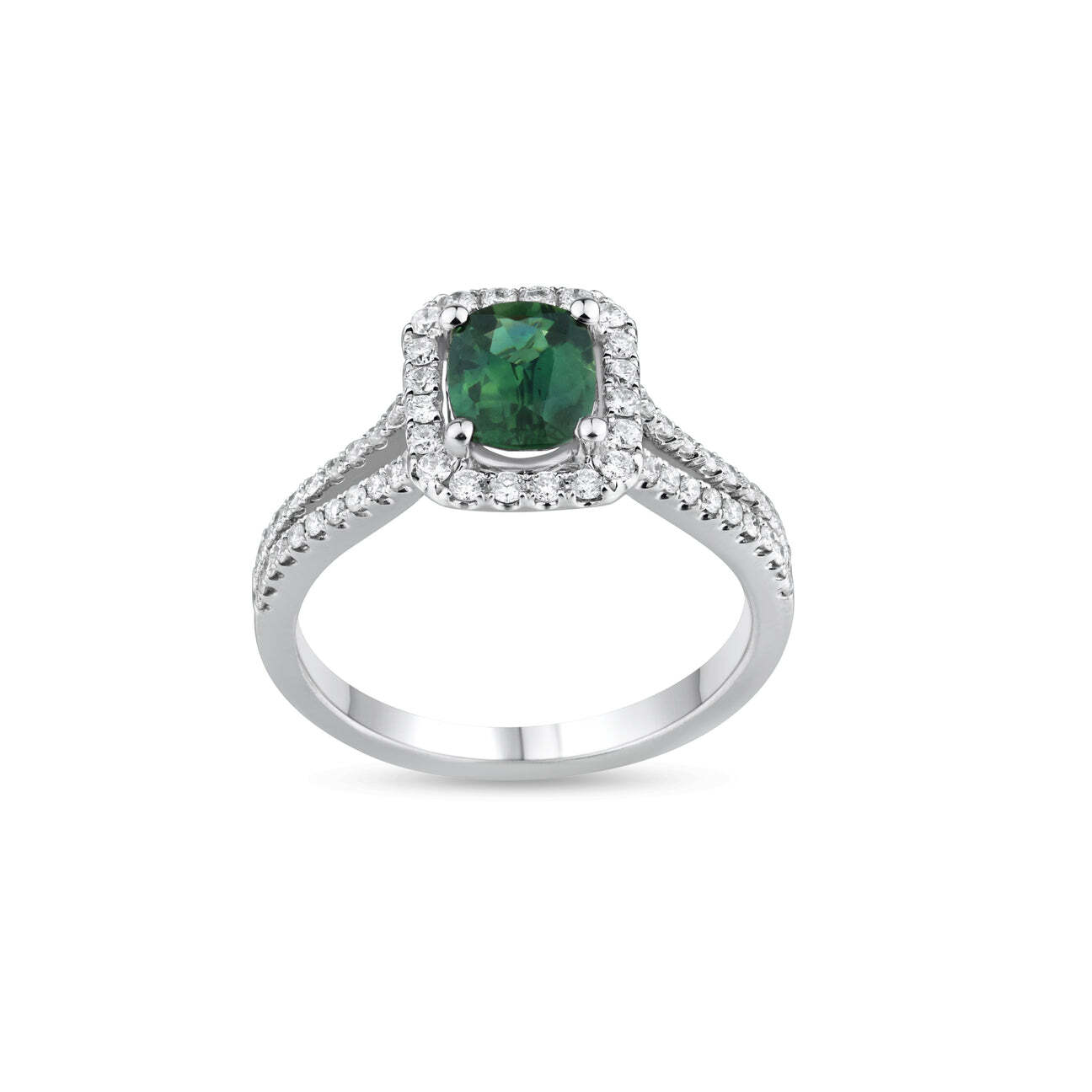 3.98 Grams 18K White Gold Ladies Ring, Center 1.10ct Oval Green Sapphire and  0.40ct Round Diamond Of G Color, VS2-SI1 Clarity; RG13173