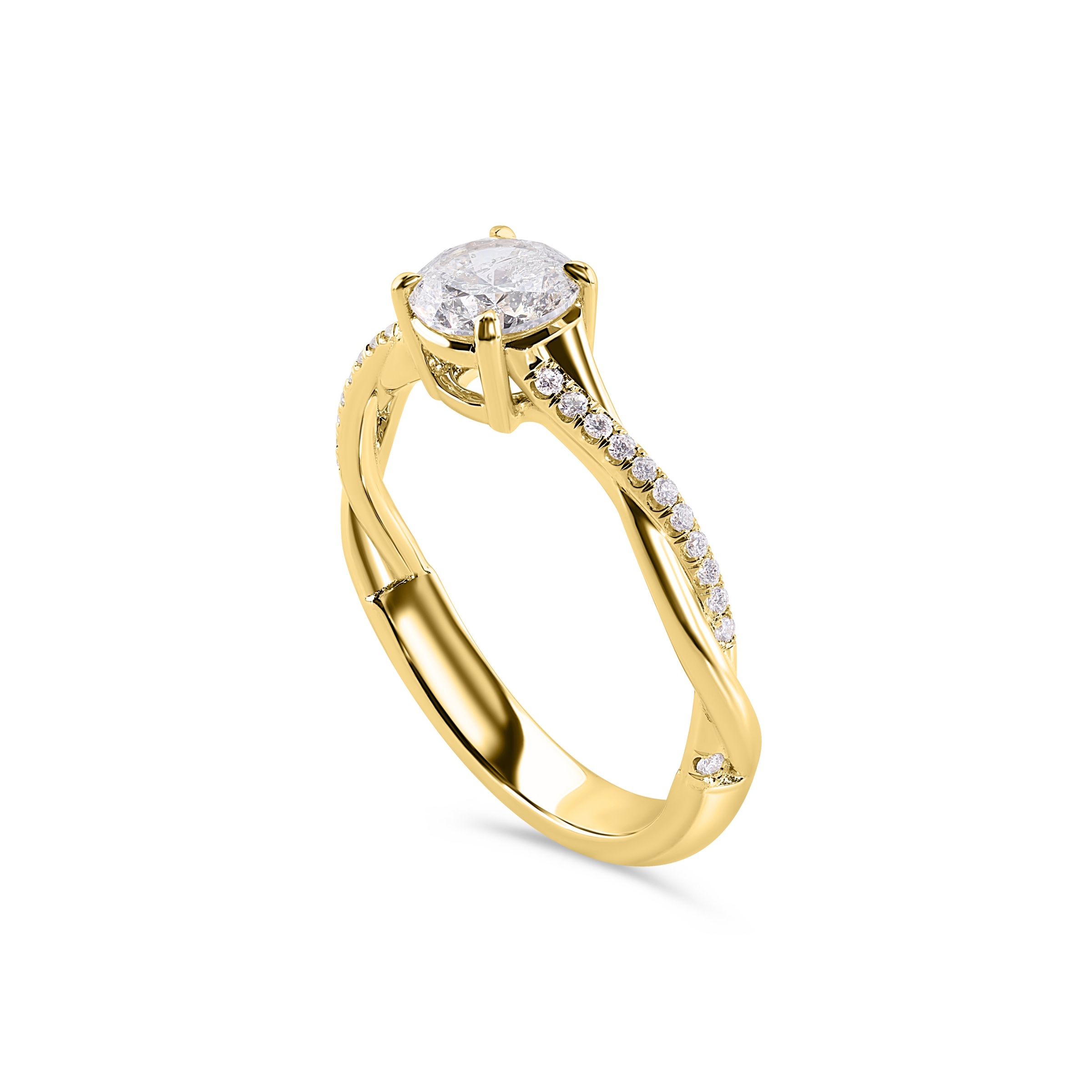 3 Grams, 14k Yellow Gold Custom Designed Ladies Tight Twist Engagement Ring With 0.72ct Round Brilliant Center Of F Color, I2 Clarity & 24 Shank Diamonds Totaling 0.10ct Of E-F Color, VS1 Clarity