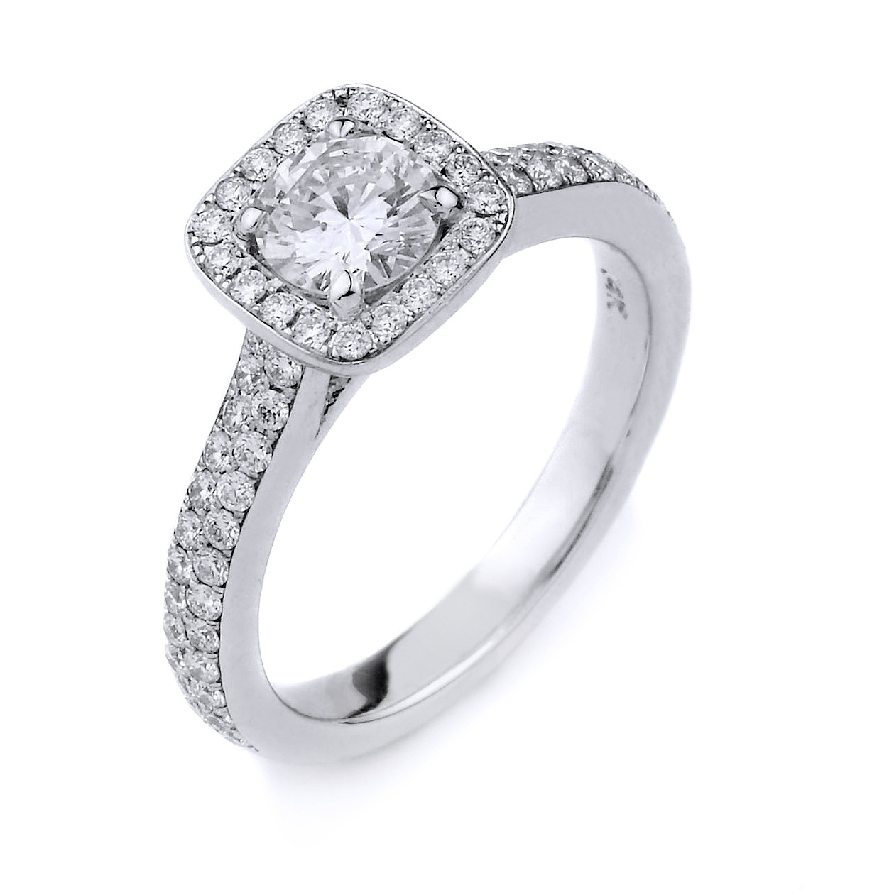 4.14 Grams 14K White Gold Custom Designed Ladies Engagement Ring. Center Round Brilliant Diamond 0.51ct Of F Color, SI1 Clarity (H& A) & 69 Pave Set Diamonds Totaling 0.45ct Of F-G Color, VS Clarity.