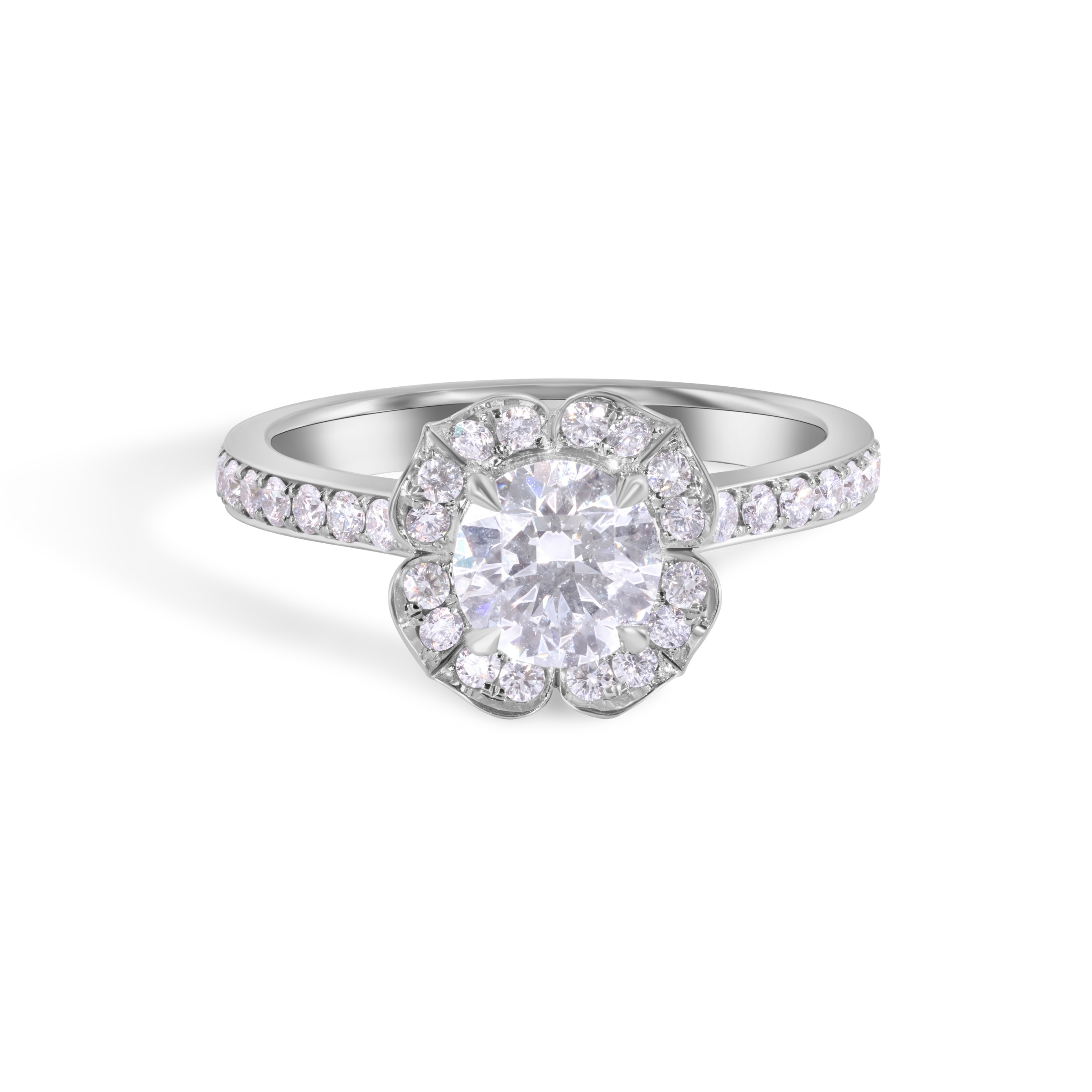 4.36 Grams, 14k White Gold Flower Engagement Ring 0.90ct Round Brilliant D Color, SI1 Clarity & 60 Pave Diamonds 0.61ct Of F Color, VS1 Clarity