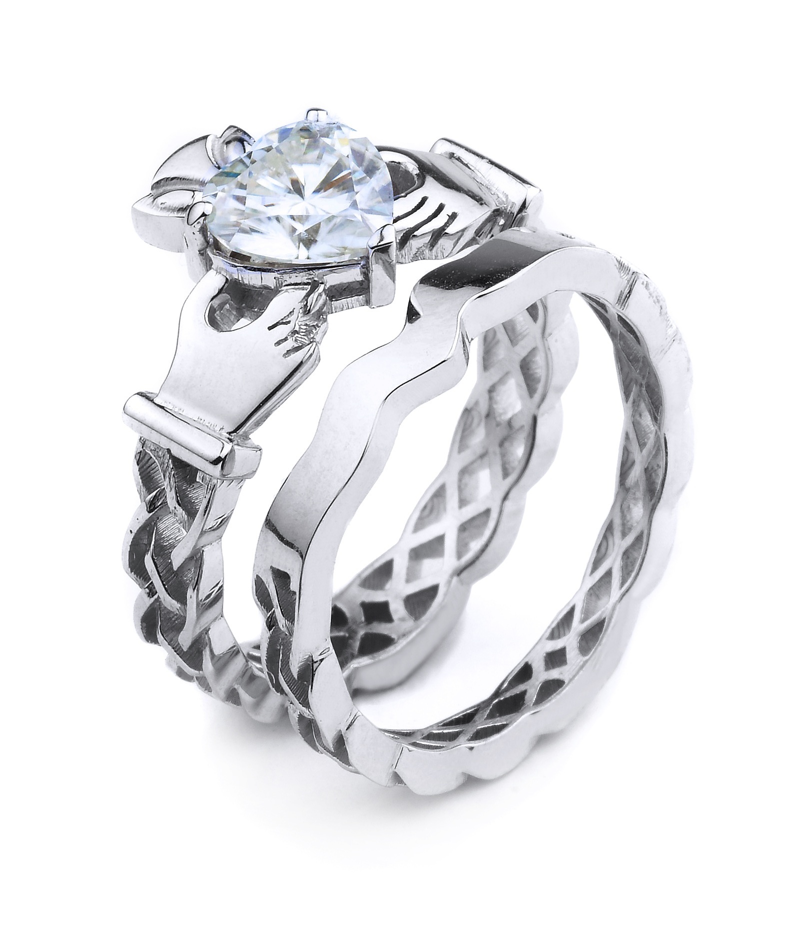 4.42 Grams 14K Custom Design Ladies Claddagh Ring With Heart Shape Moissanite Center