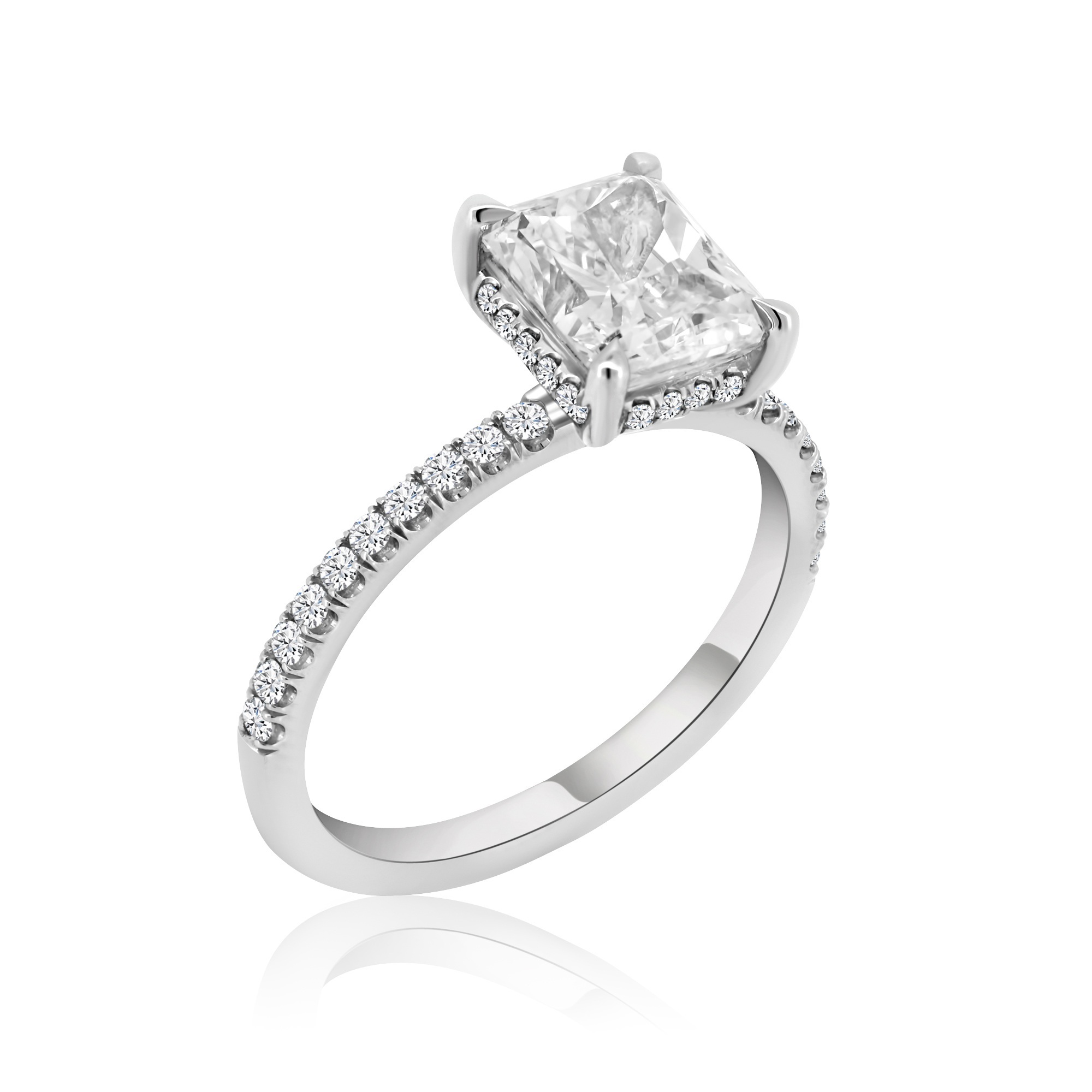 4.80 Grams, Platinum 900 Custom Designed Ladies Engagement Ring, 2.01ct Radiant Center Of F Color, SI1 Clarity & 38 U Pave Diamonds Totaling 0.29ct Of E-F Color, VS1 Clarity