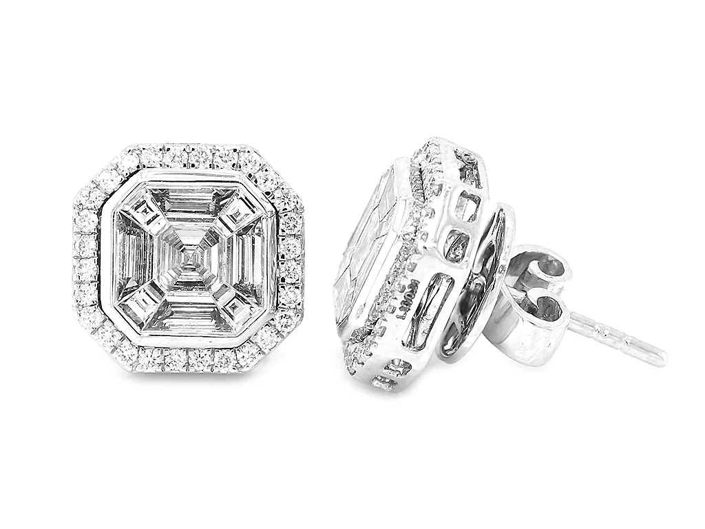 5.32 Grams 18k White Gold Diamond Halo Earrings With Mosaic  Asscher Cut Style Center Totaling 1.30ct Of G Color, VS Clarity