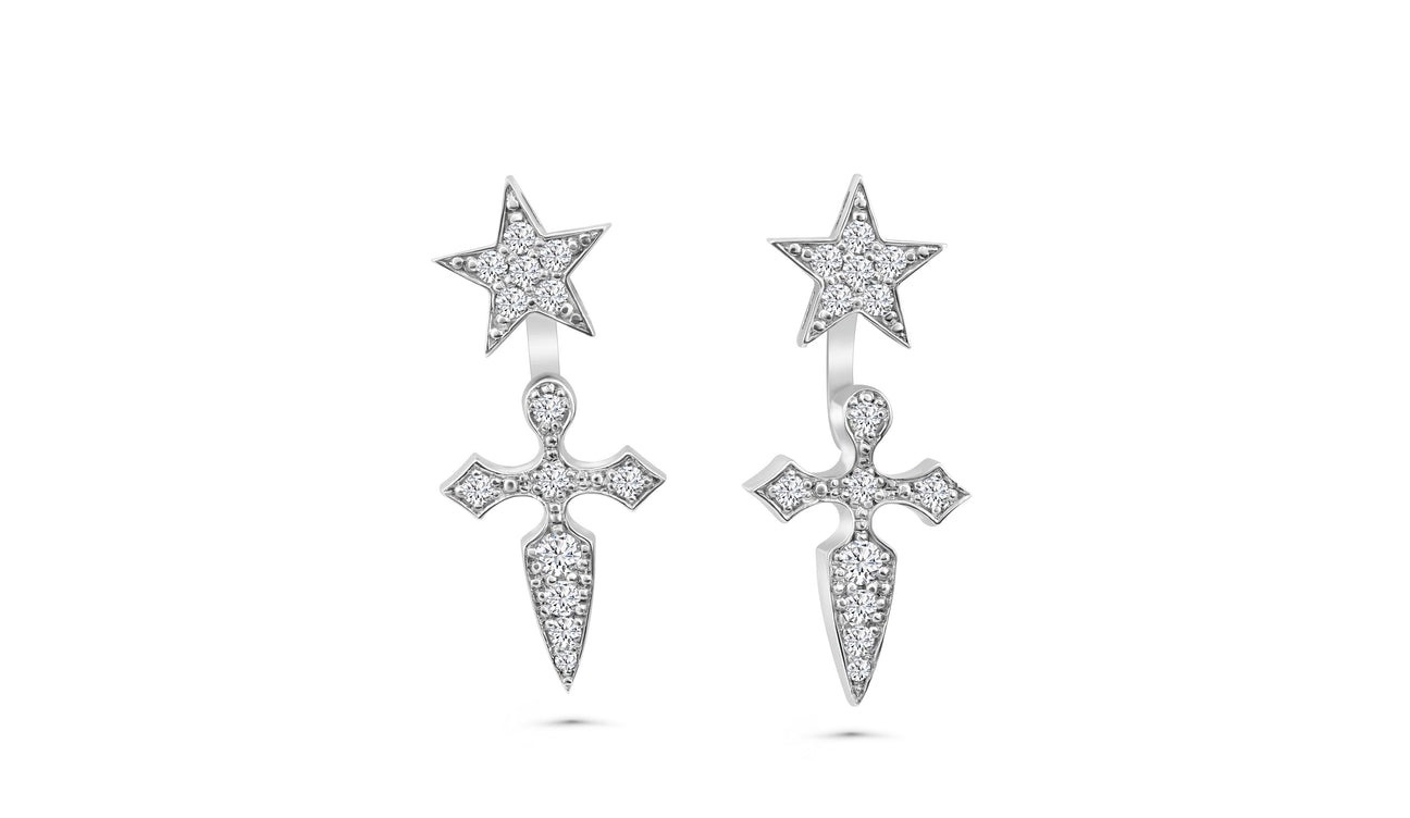 5.39 Grams, 14k White Gold Cross and Star Earring With 0.45ct Diamonds Of I Color, SI Clarity; GSJE13669