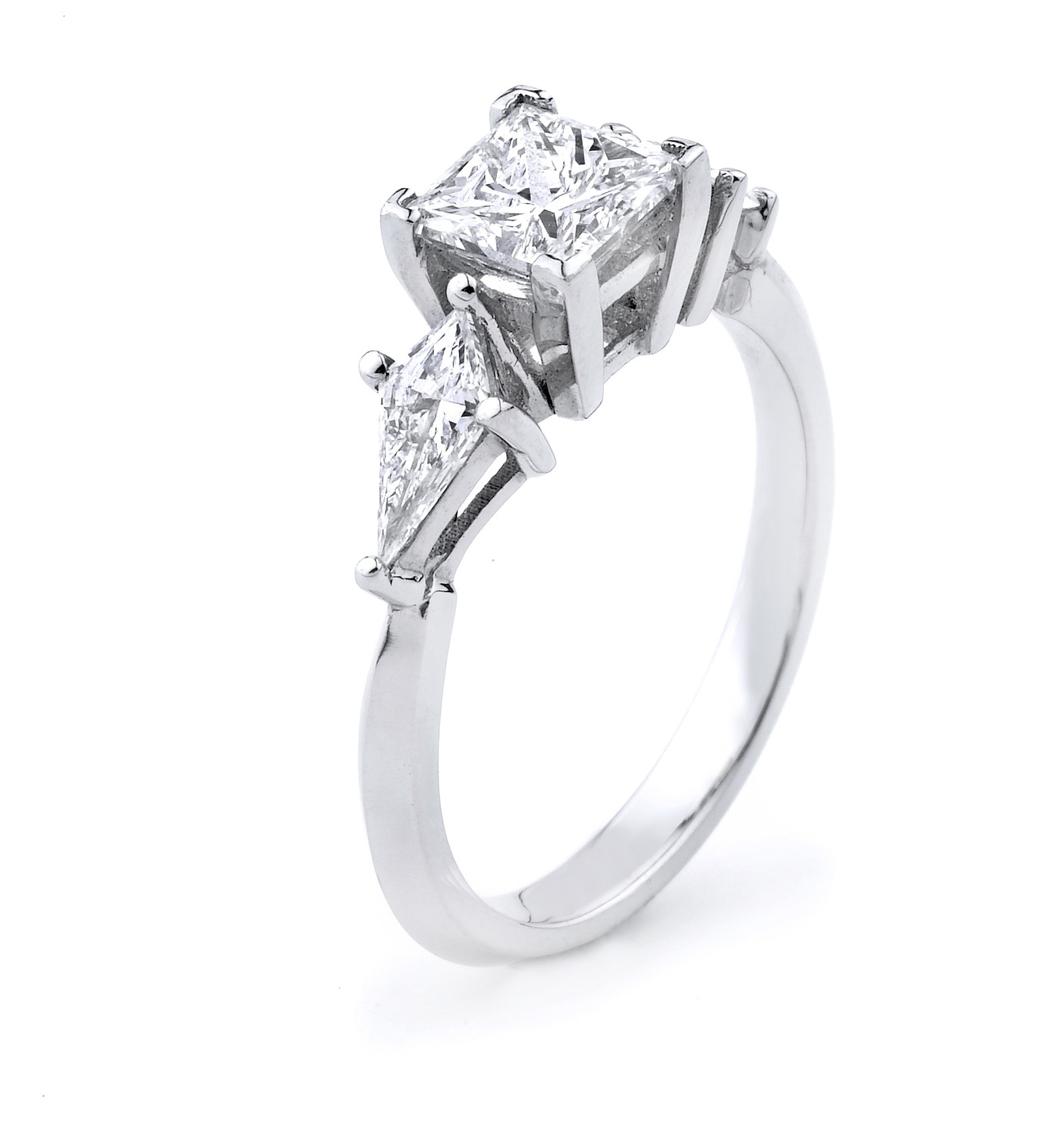 5.46 Grams, Platinum Custom Designed Ladies Ring, Center 1.12ct Square Modified Brilliant Of F Color, VS2 Clarity & Two Kite Shape Diamonds 0.53ct Of F Color, VS2 Clarity.