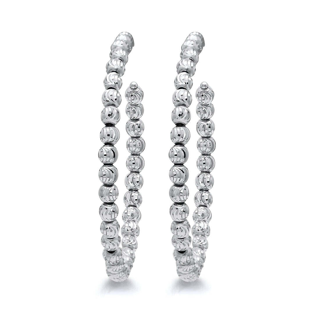 14K White Gold Laser Cut 4mm Ball Fancy Hoop Earrings 1 Inch Wide