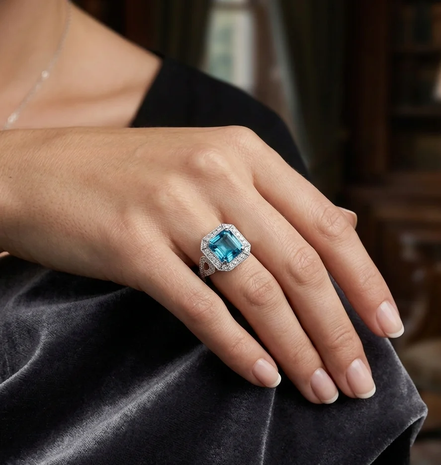 5.70 Grams, 14k White Gold Custom Designed Ladies Ring With 2.73ct Aquamarine Center and 104 Pave Set Diamonds Totaling 0.75ct Of F Color, VS Clarity; DJAQU273