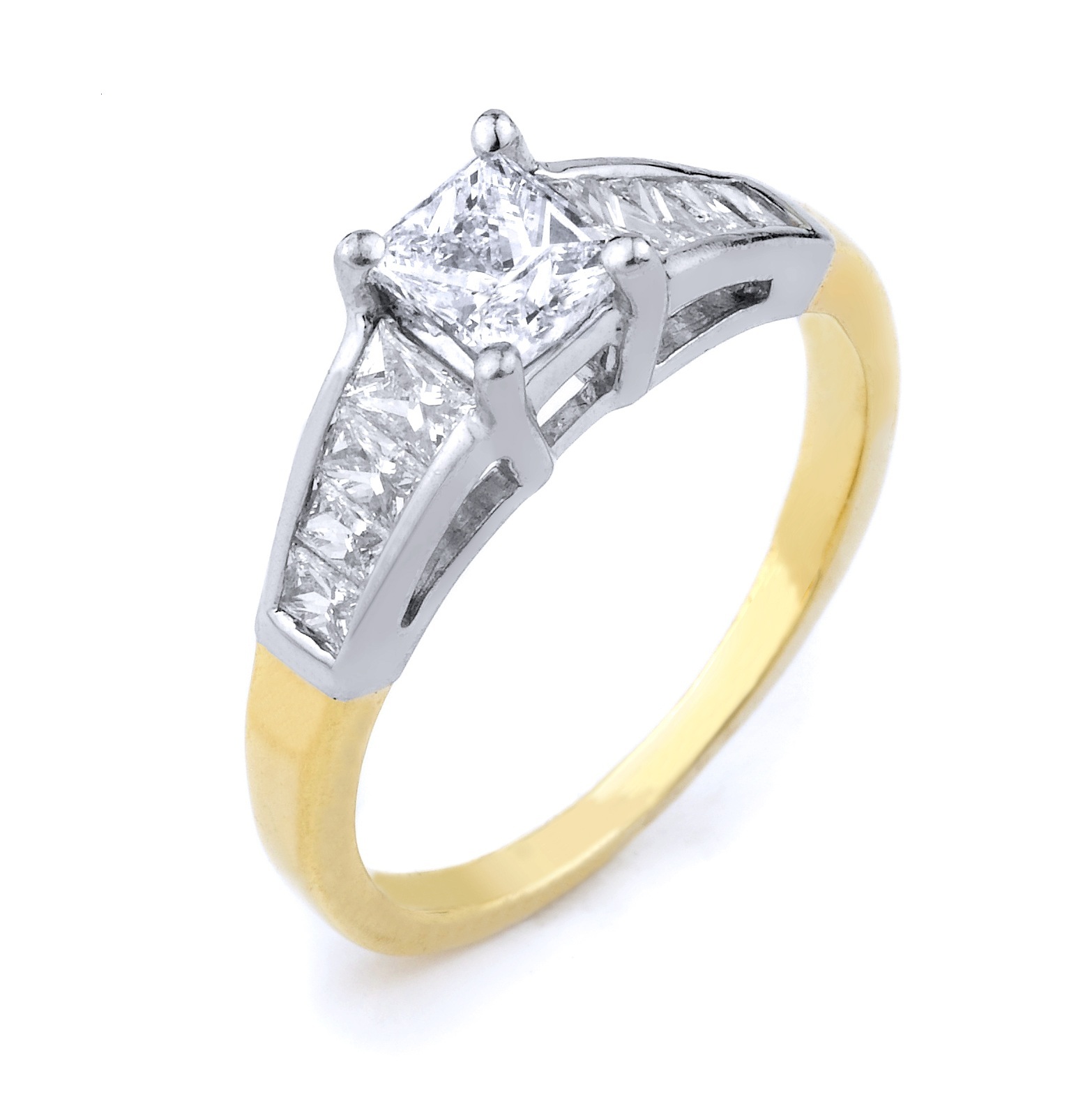 5.7 Grams 14K Yellow Gold Ladies Ring With Approximately 0.50ct Princess Cut Center diamond  Of VS2 Clarity, H Color & Side Diamonds Fancy Cut Trapezoid Cut Totaling Approximately 0.90ct Of VS2 Clarity F Color; DJYGDR