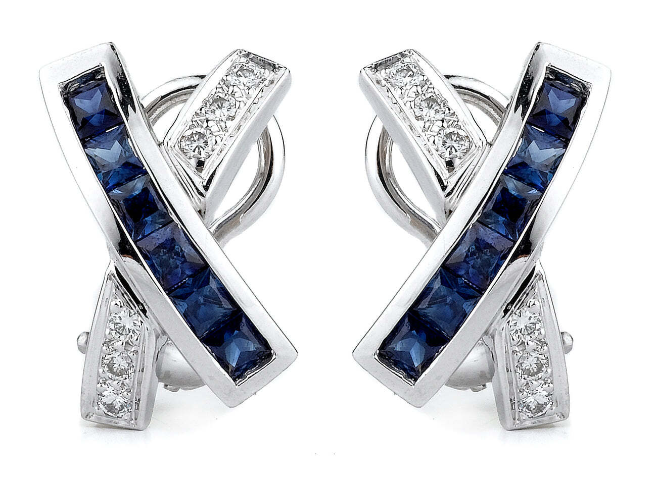 14K White Gold X Earrings With Diamonds & Blue Sapphire Earrings