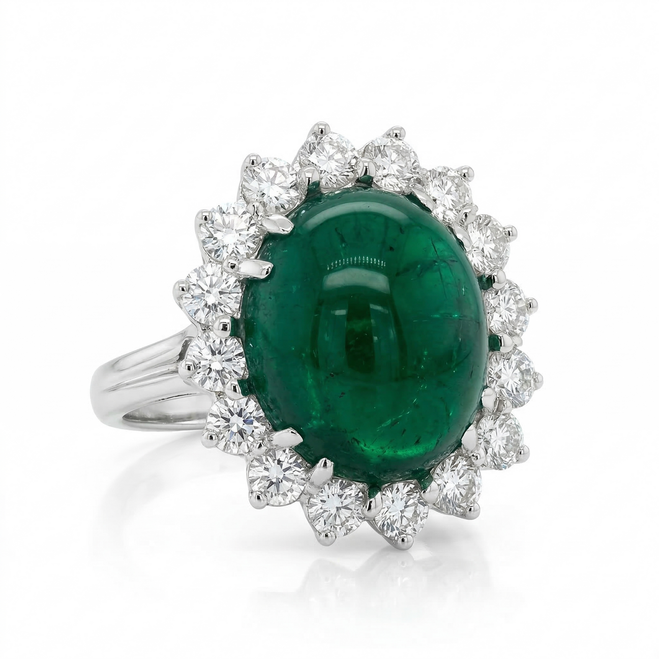 7.25 Grams,18k White Gold Ladies Ring  7.48ct Oval Cabochon Lab Grown Emerald & 16 Round Brilliant Diamonds Totaling Approximately 1.00ct G Color, VS Clarity; GIA5232743004