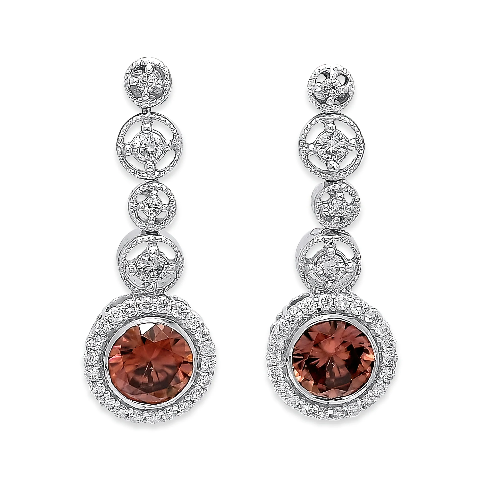 7.27 Grams, 14K White Gold Pre-Owned Earrings With Two Round Genuine Zircon Totaling Approximately 3.5ct & Approximately 1.00ct Diamonds Of G-H Color, SI1-SI2 Clarity; POZIRCON35