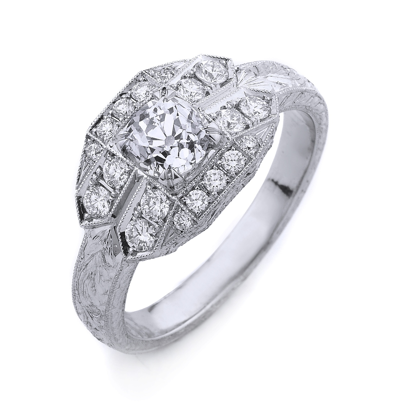 8.29 Grams Custom Designed Ladies Platinum Ring With 0.72ct Old Miners Cut Center Diamond Of F Color, SI1 Clarity & Eighteen Round Brilliant Diamond Totaling 0.38ct Of G Color, VS Clarityy