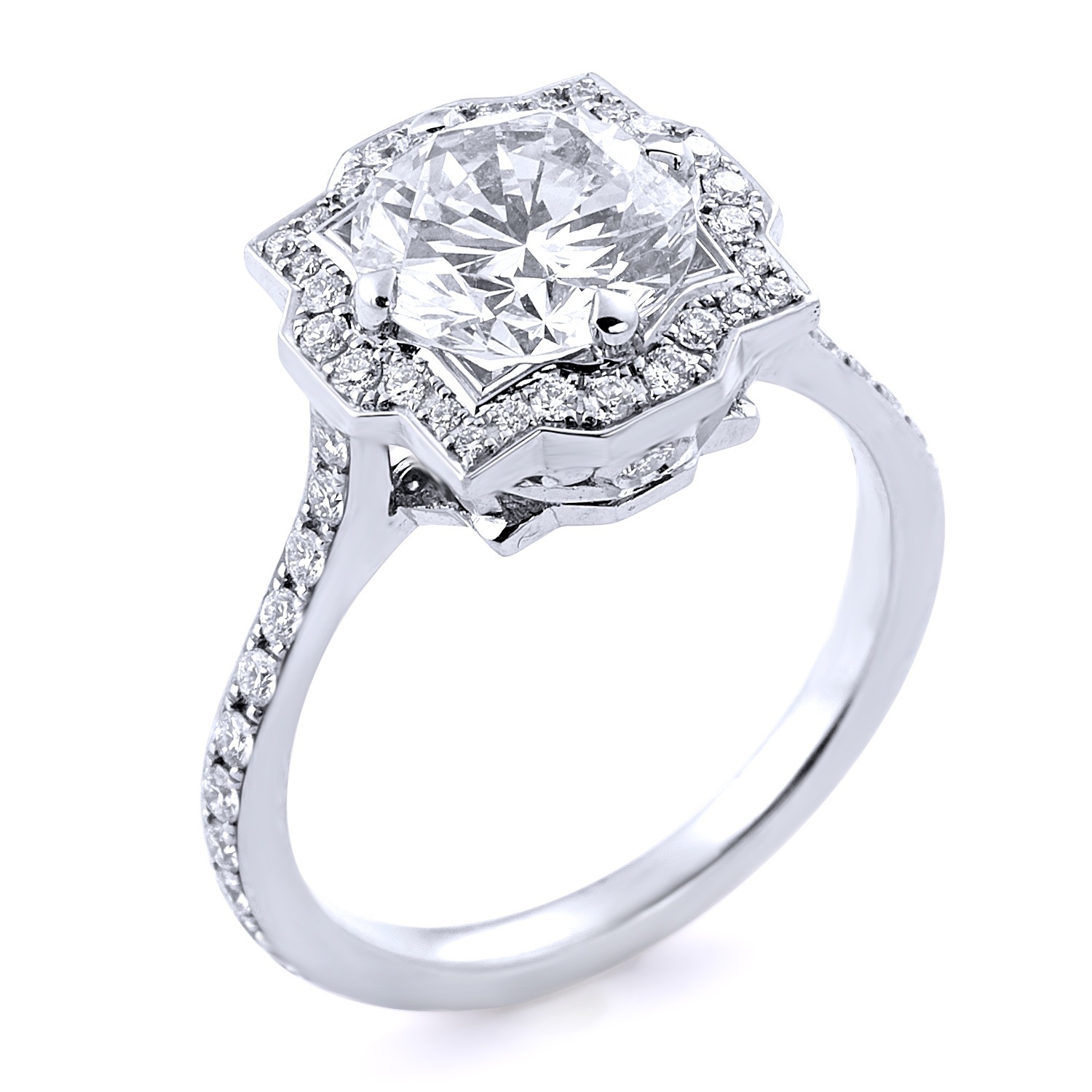 8.73 Grams, Platinum Custom Designed Ladies Ring With 1.31ct Round Brilliant Diamond Of F Color, VS2 Clarity GIA  EX,EX, EX & 44 Diamonds Totaling 0.61ct Of E-F Color, VS1 Clarity