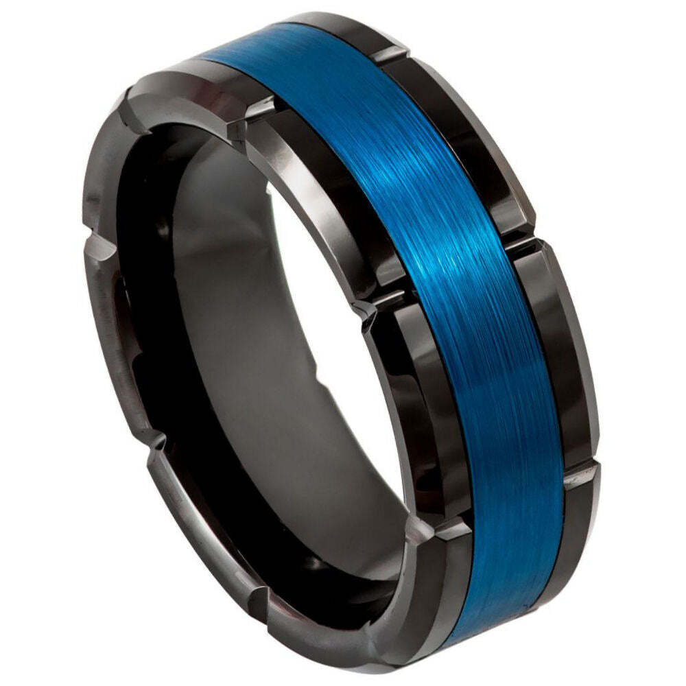 8mm Tungsten Carbide Band Center Shiny Edge Black & Blue IP Plating Grooved Edge.