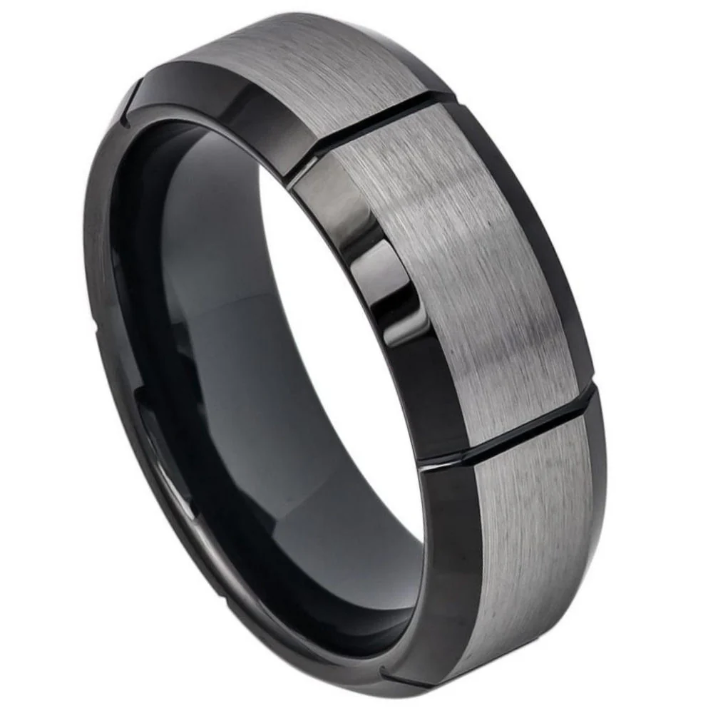 8mm Tungsten Carbide Two-Tone IP & Gun Metal Brushed Multiple Vertical Grooves.