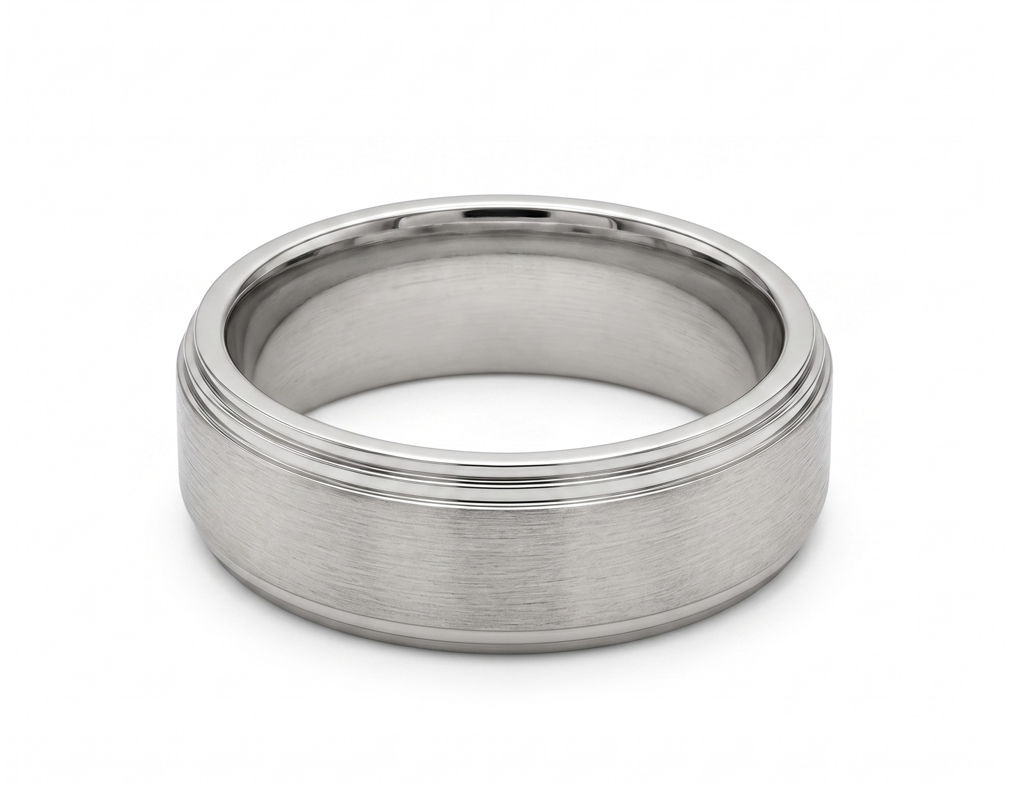 9.58 Grams, 14k White Gold 7mm Wide, Satin Finish Center Two Step Down Edges, Size 8 3/4; DJTIF14K