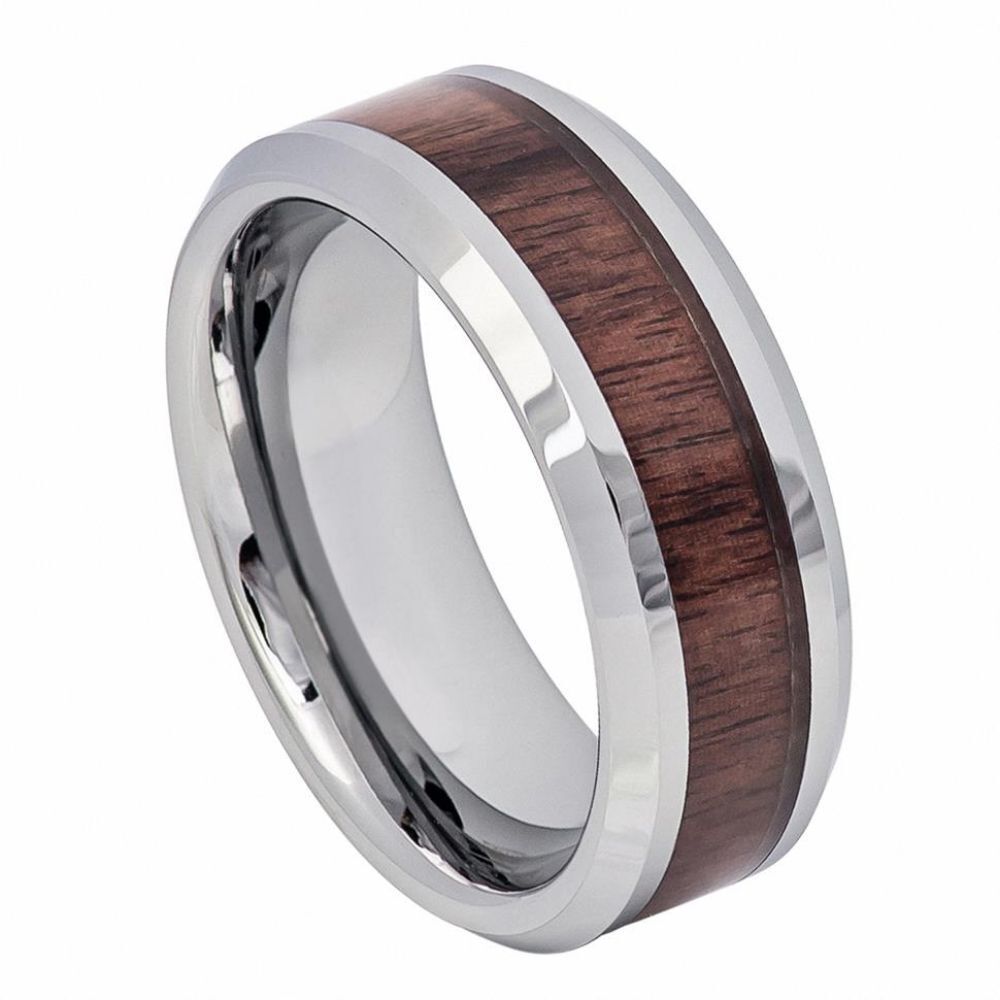 TR662-7  High Polish Tungsten Carbide 8mm Band With Mahogany Wood Inlay, Beveled Edges.