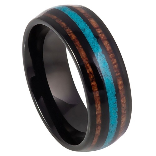 Tungsten Carbide 8mm Band Black IP Plated With Koa Wood & Crushed Turquoise Inlay.