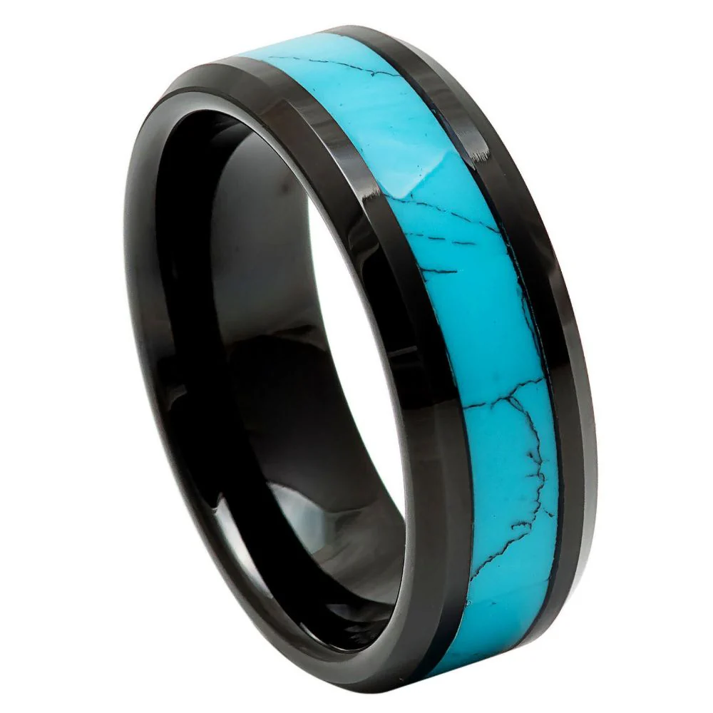 Tungsten Carbide 8mm Band Black IP Plating With Natural Blue Turquoise Inlay Beveled Edge.