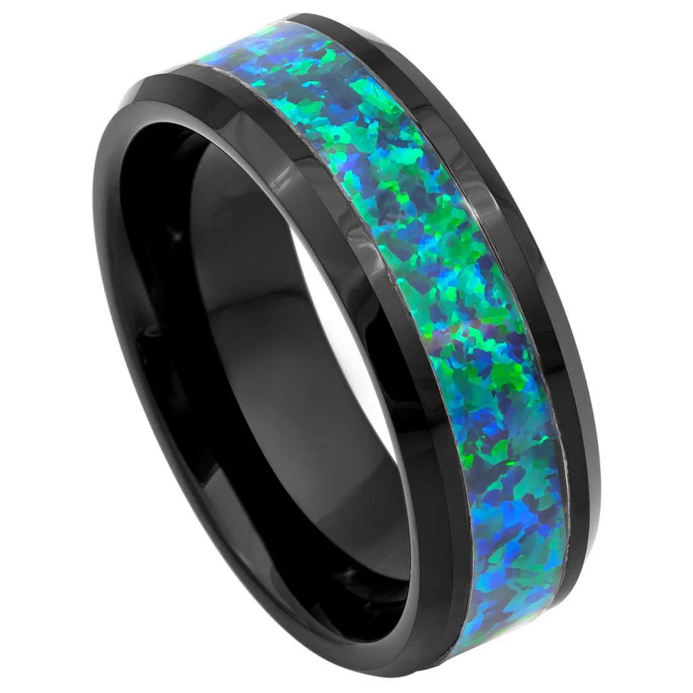 Tungsten Carbide 8mm Band Black IP Plating With Synthetic Emerald-Green Opal Inlay.