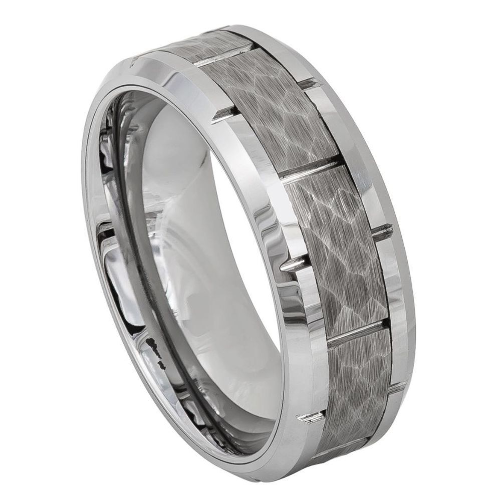 Tungsten Carbide 8mm Band High Polished Beveled Edge With Noches & Notched Hammered Finish Center