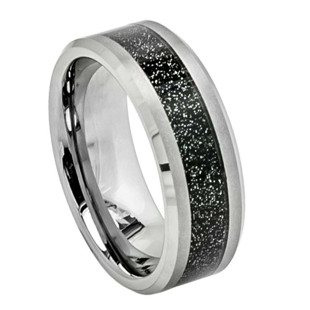 Tungsten Carbide 8mm Band With Black Color Sand Stone (Carbon Fiber) Inlay.