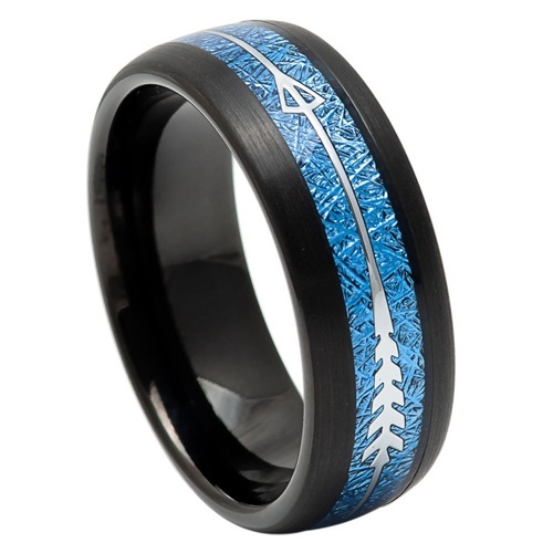 Tungsten Carbide 8mm Black IP Plating With Feathered Arrow Inlay On Blue & Pink Imitation Meteorite