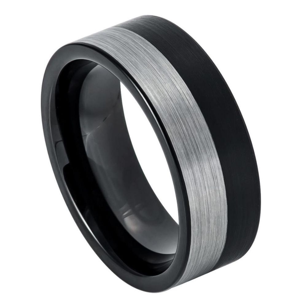 Tungsten Carbide Pipe Cut Two Tone Black IP Plated Brushed Night & Day Band 8mm.