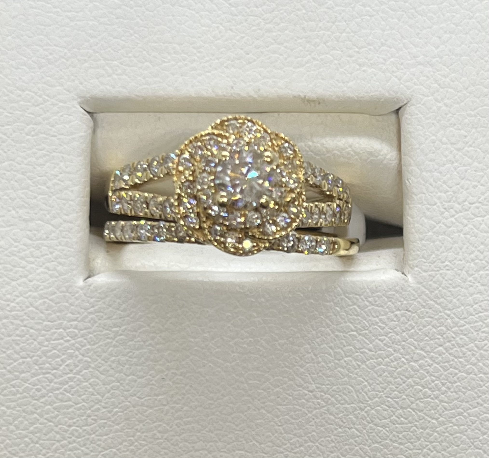 14K Yellow gold bridal set, 1.00ctw round diamonds Floral Halo, split shank with matching band