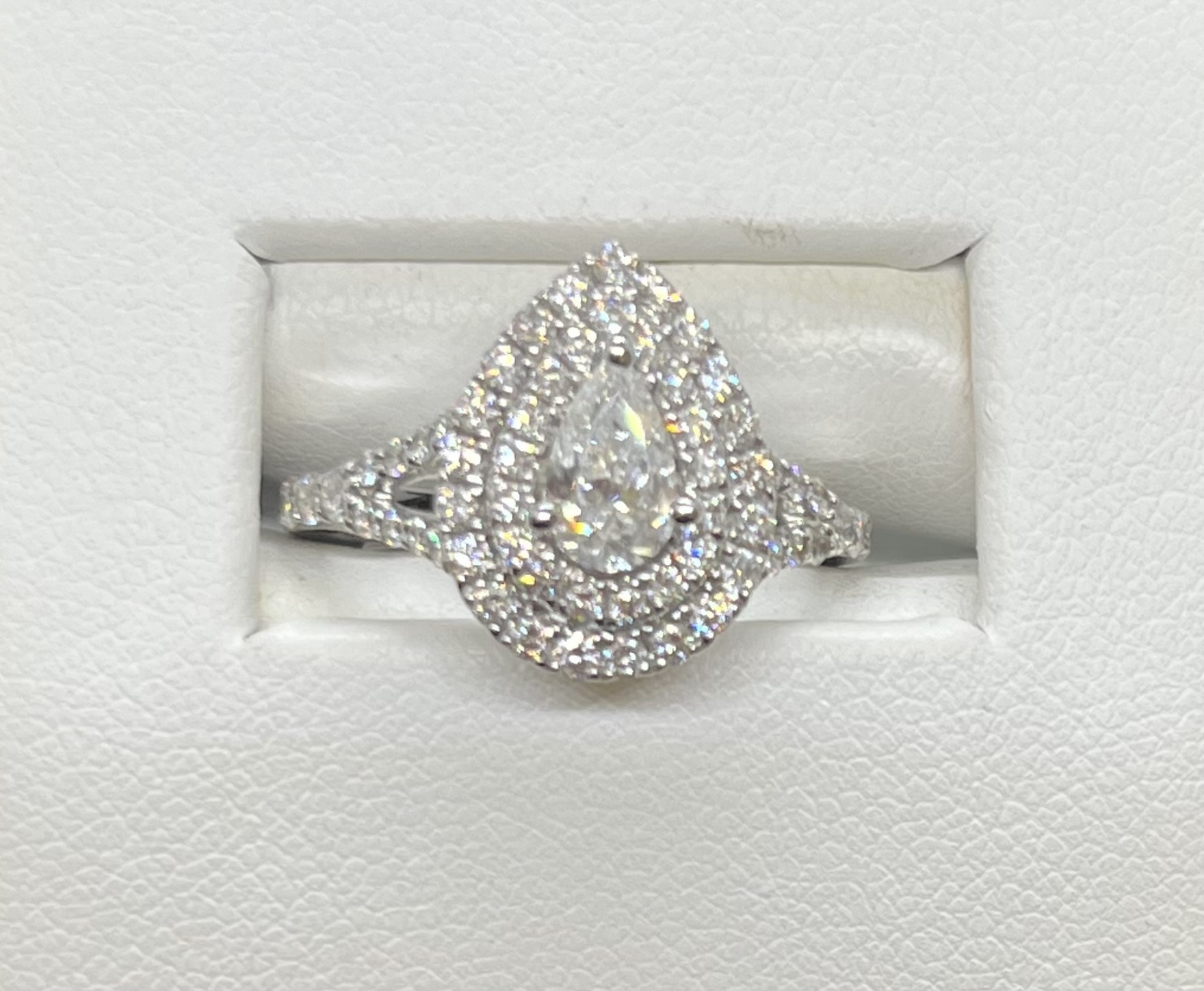 1.19ctw Pear shaped diamond ring 14K White gold,  .51ct Pear solitaire & 2 rows round diamonds.68ctw, split shank