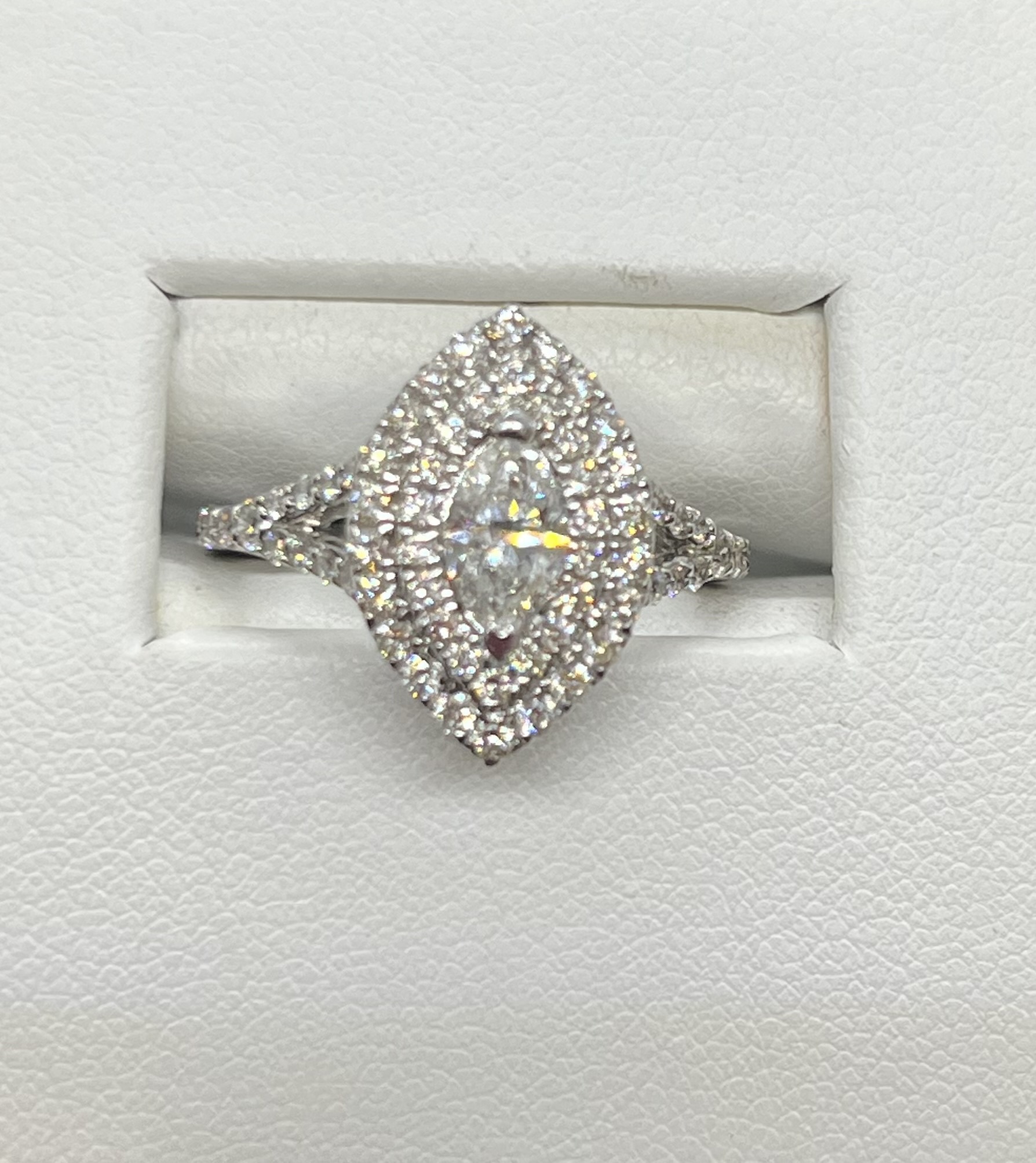 1.23ctw Marquise diamond ring with two rows of rounds surrounding, split shank 14K White gold (Mrq.49ct rounds .74ctw)