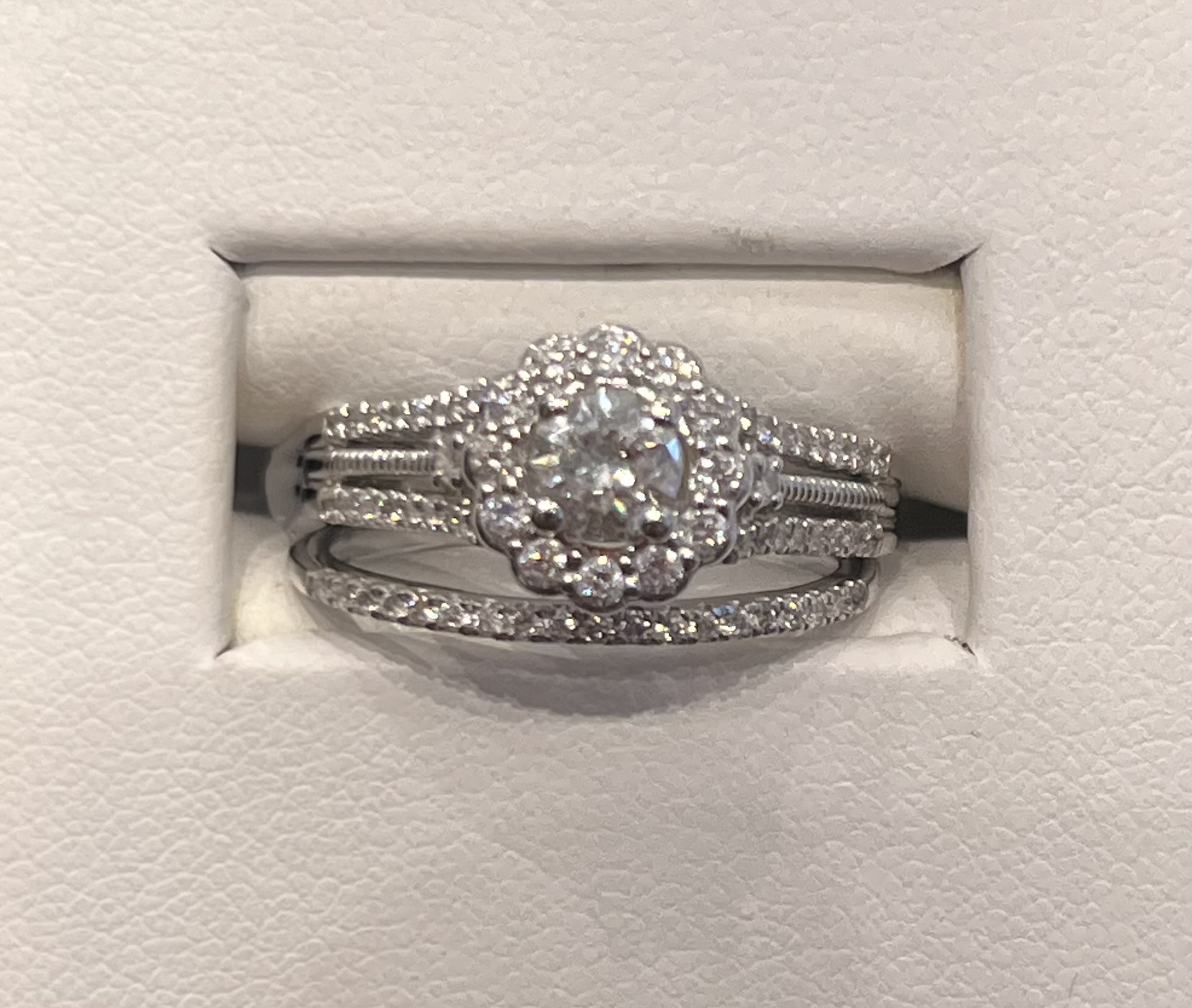 1ctw Diamond wedding set, Round centre .50, floral Halo, rounds on sides with matching band 14K White gold