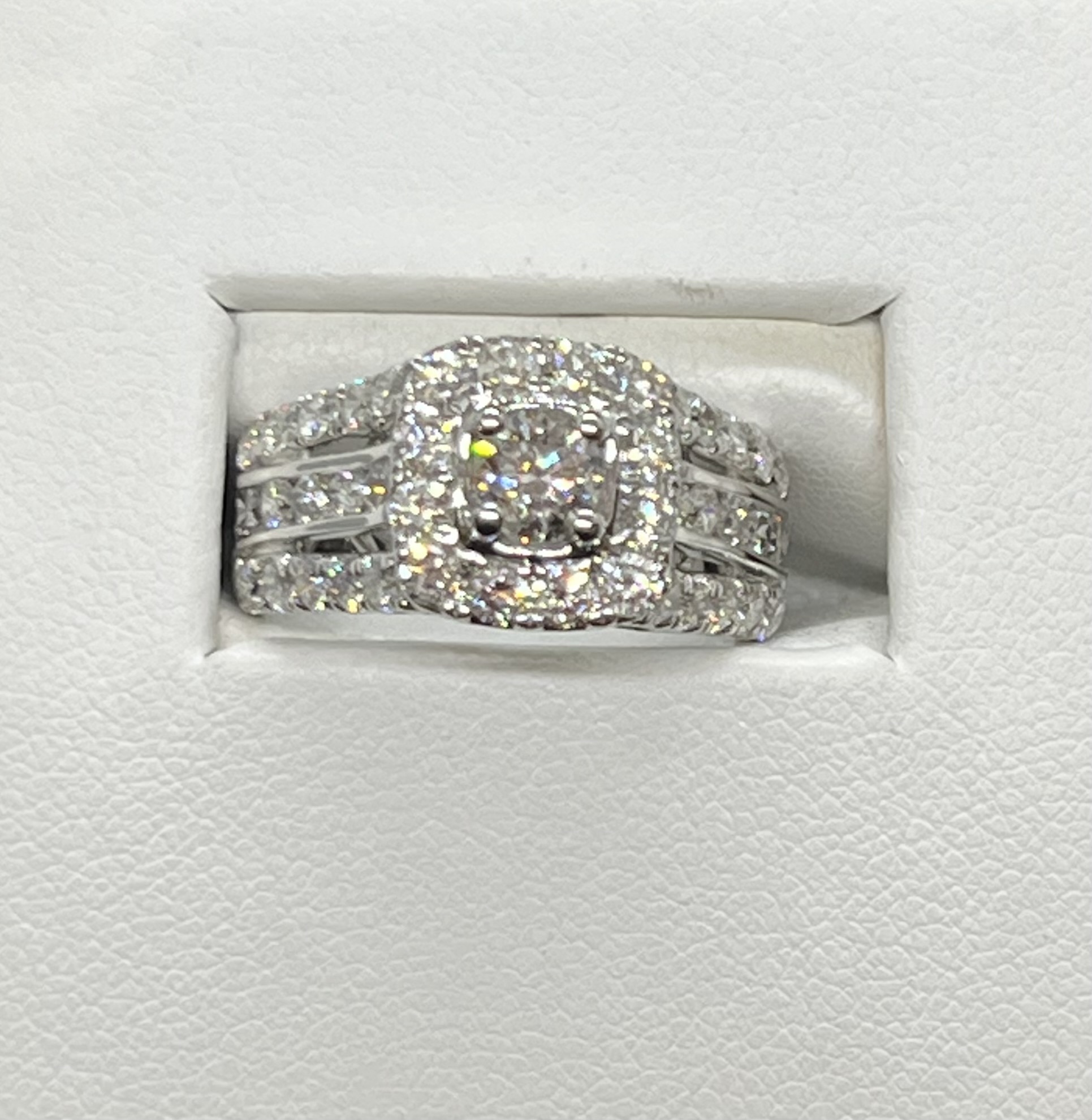2.02ctw Diamond Ring, (Centre round .43ctw) Square Halo with triple rows on sides 14K White gold