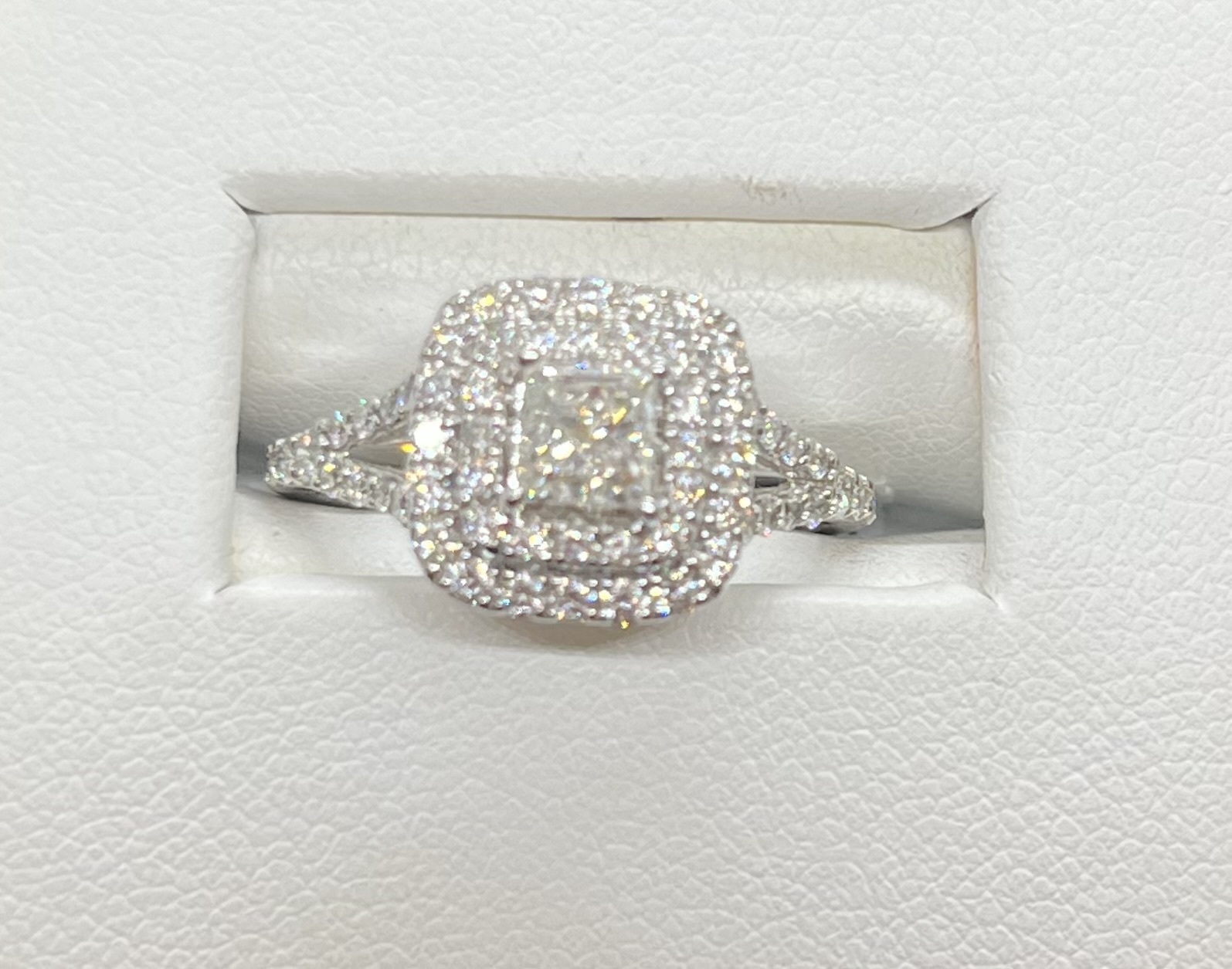 Double Halo Ring with .56ct Princess cut solitaire diamond with .64ctw round diamonds, 14K White gold