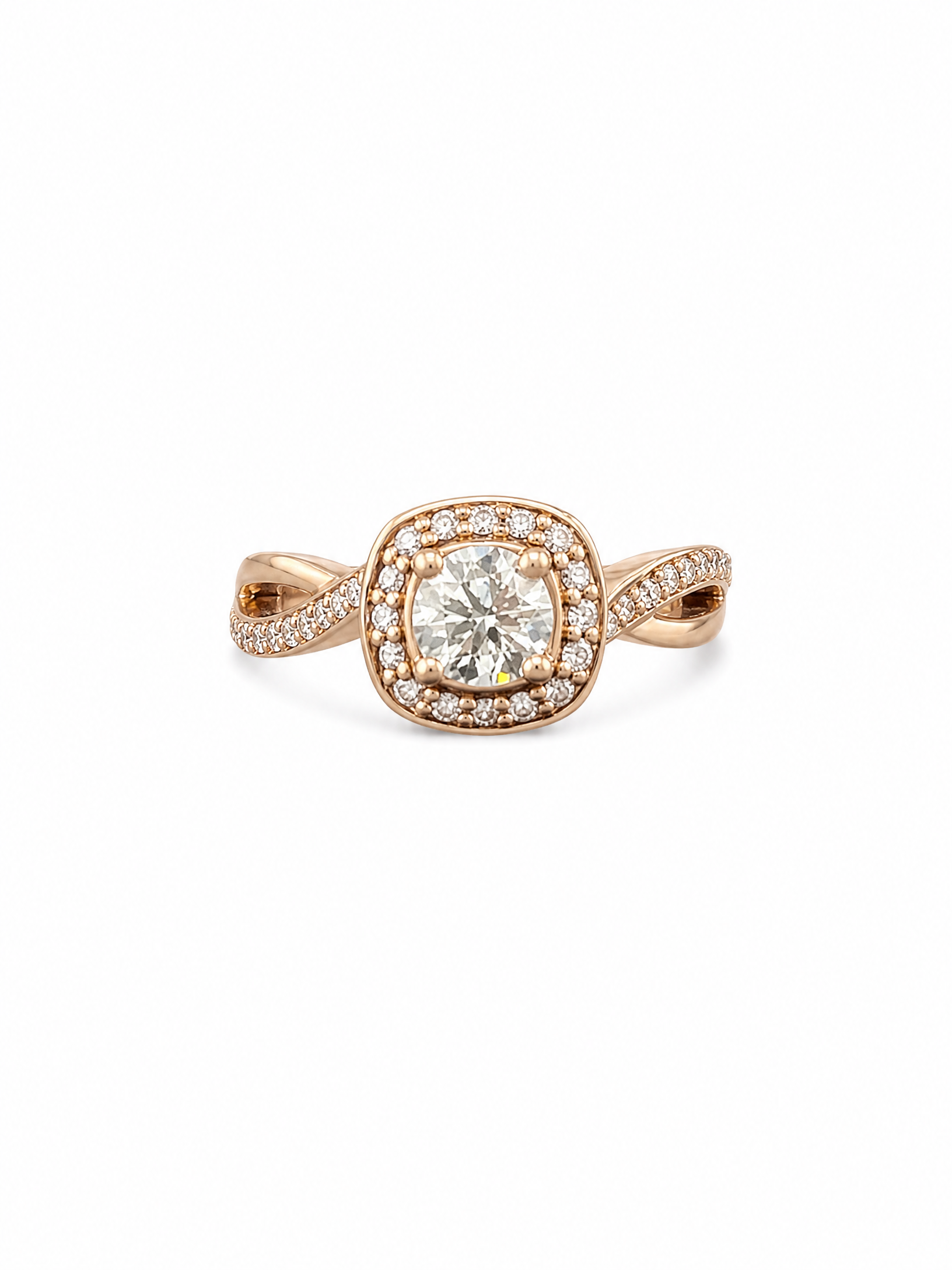 Fire & Ice 14K RG ring, Halo with criss cross on sides .50ct Round dia I-1 HI with .24ct sides CERT#1593 tracking # CAD 114166