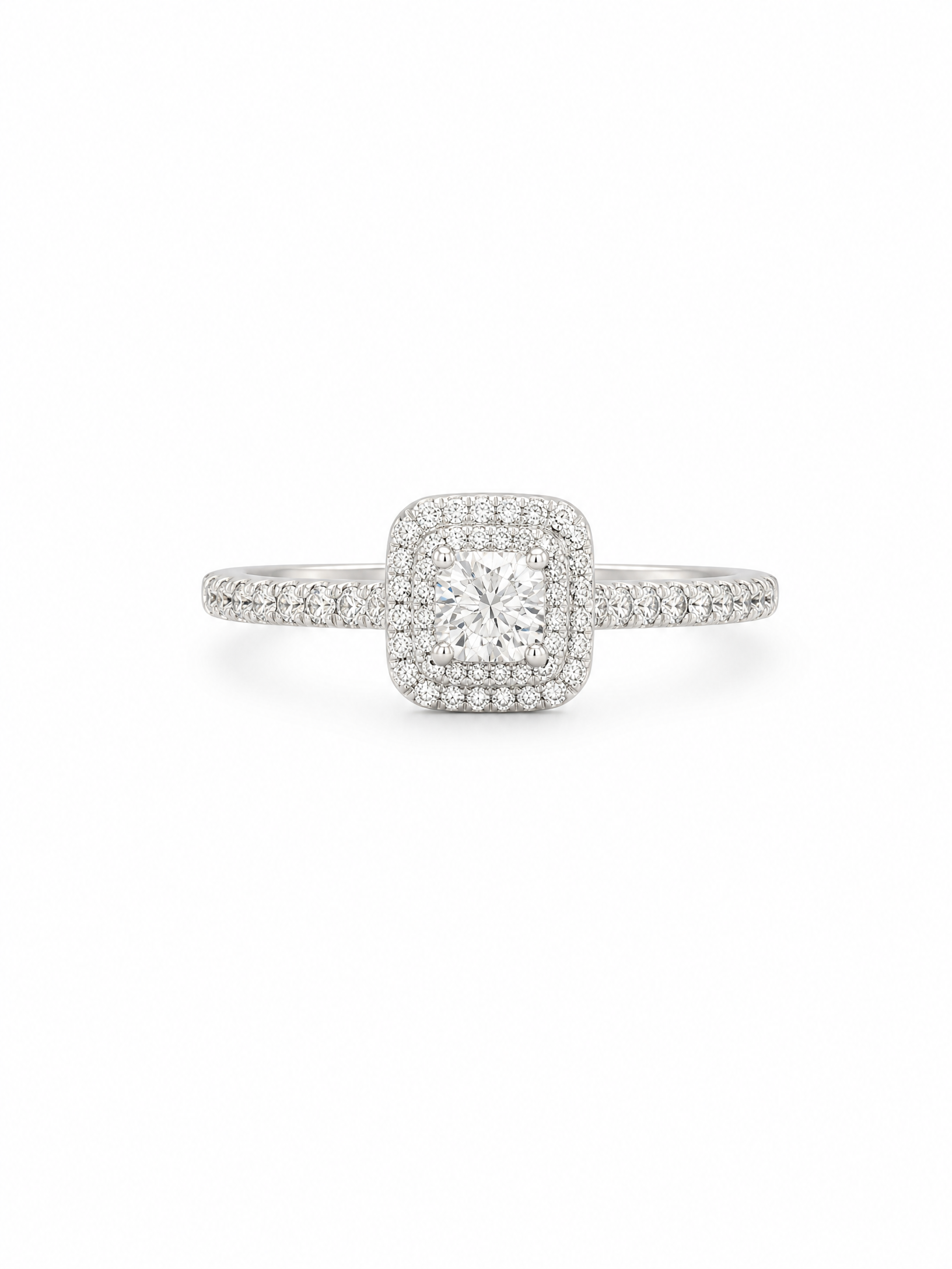 Fire & Ice collection Canadian dia Ring, Emerald cut halo with side dia(Centre EMR .11 SI-2 clarity HI color, sides: .13ctw rounds) 14K White gold CERT#1702 tracking#CAD68317