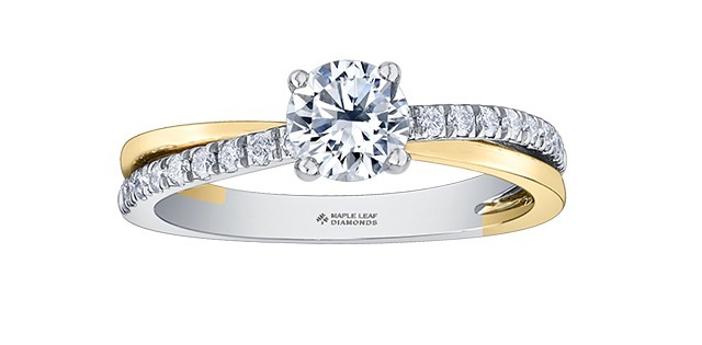 Maple Leaf Diamond Ring, .55ct Round Canadian centre, VS2 G with .23ctw side diamonds VS2 to SI 1, GH colour 18KPD White & Yellow gold CERT#1839 tracking#CM-38735
