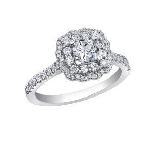 Maple Leaf Diamond Ring, Princess cut centre with Flower double Halo, 18KPD White gold Centre .51ct VVS2 G, 64 rounds .50ctw VS2-SI1 F-G colour CERT#1838 tracking #CM-359747