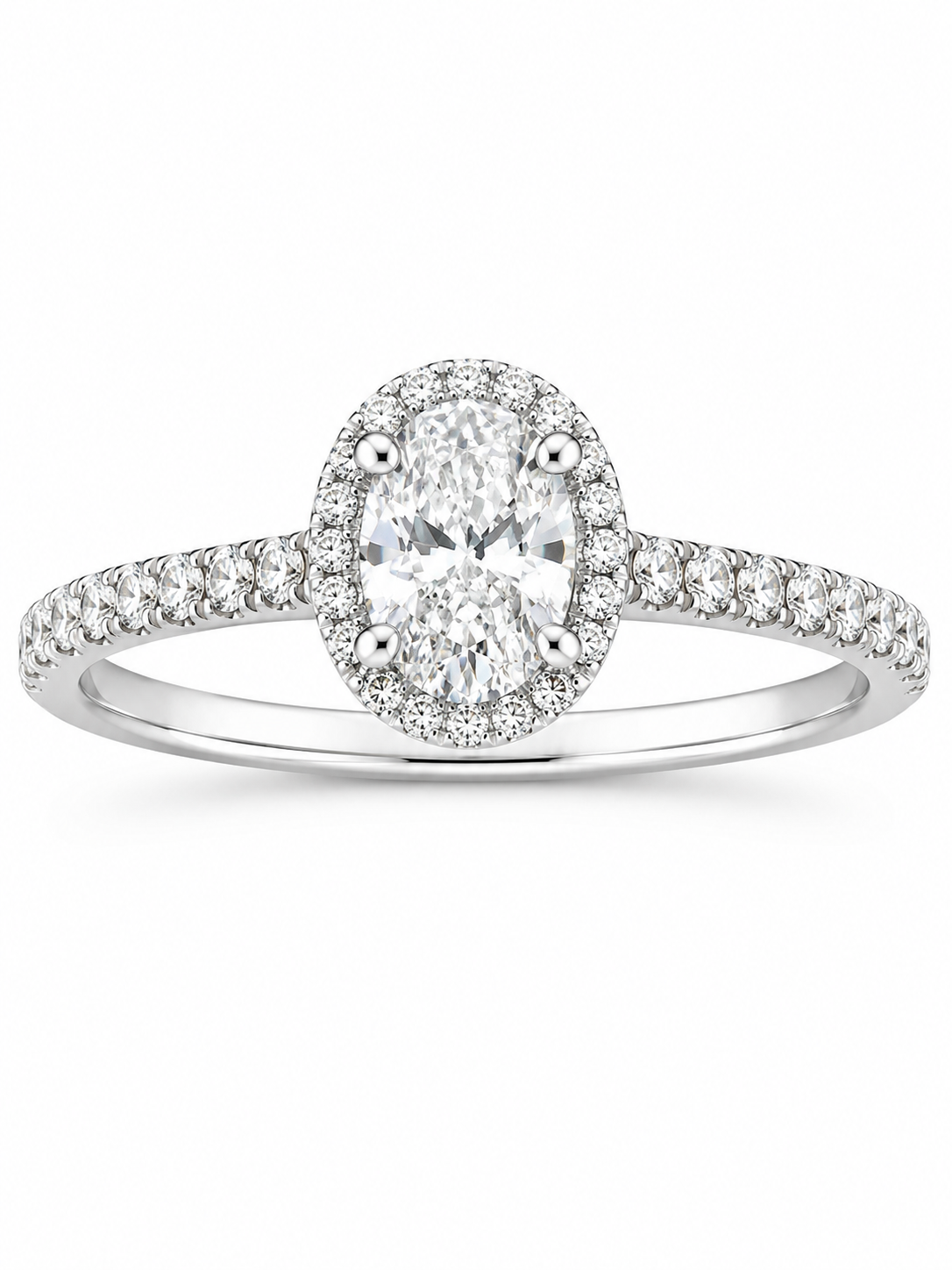 Maple leaf collection, Oval Halo diamond ring with diamonds on shoulders, 18KPD White gold Centre .35ct Oval SI1 F, 38 rounds .24ctw VS to SI G-H CRT#1842 tracking#CM-384632
