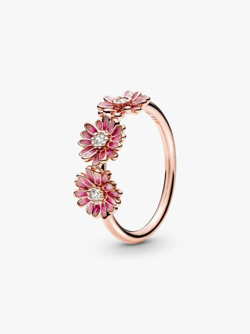 Pandora Rose Pink Daisy Flower Trio Ring, Pink Enamel & Clear CZ #188792C01-56