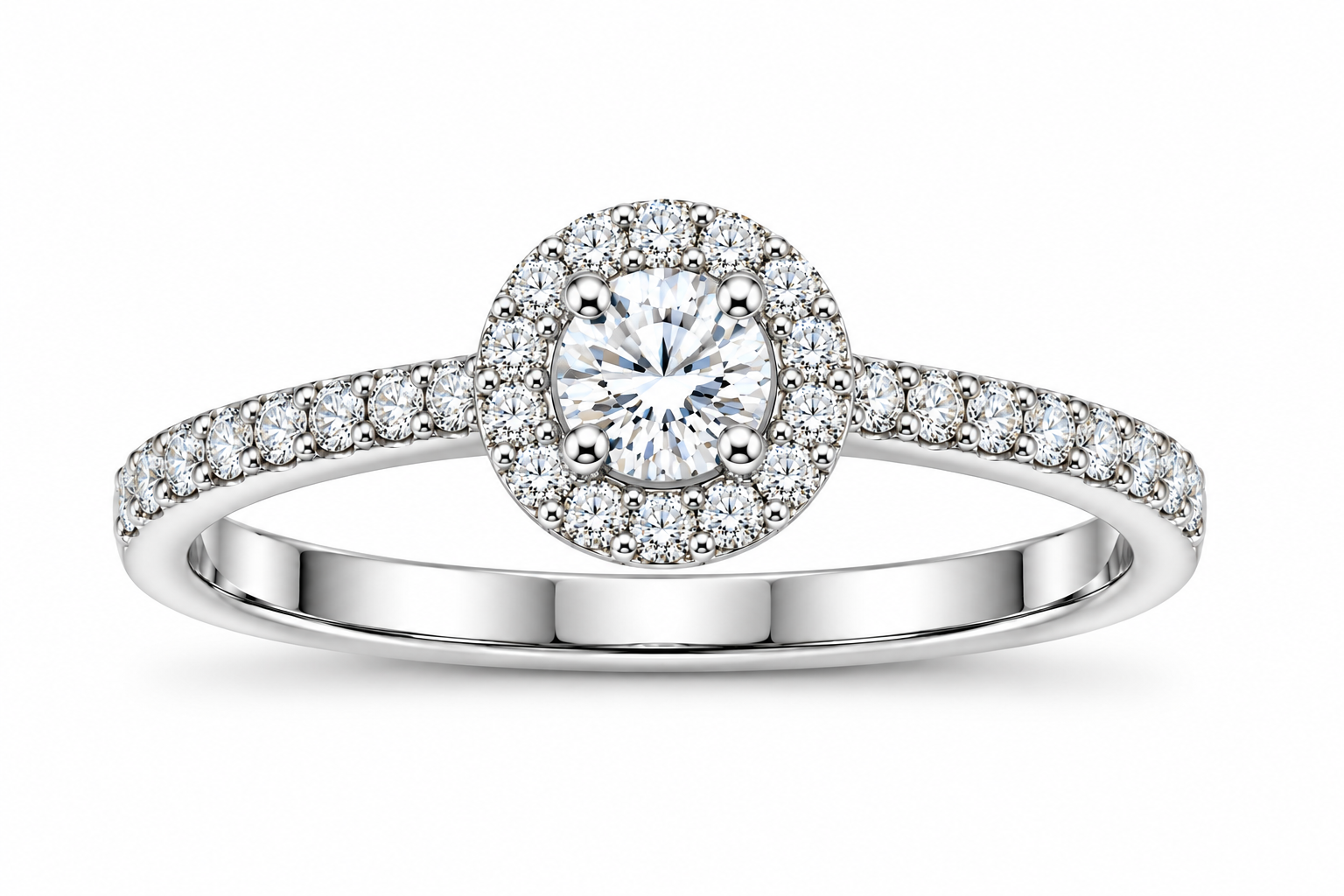 .35ctw Halo style diamond engagement ring, .15 round diamond in center with .20ctw rounds on sides 14K White gold