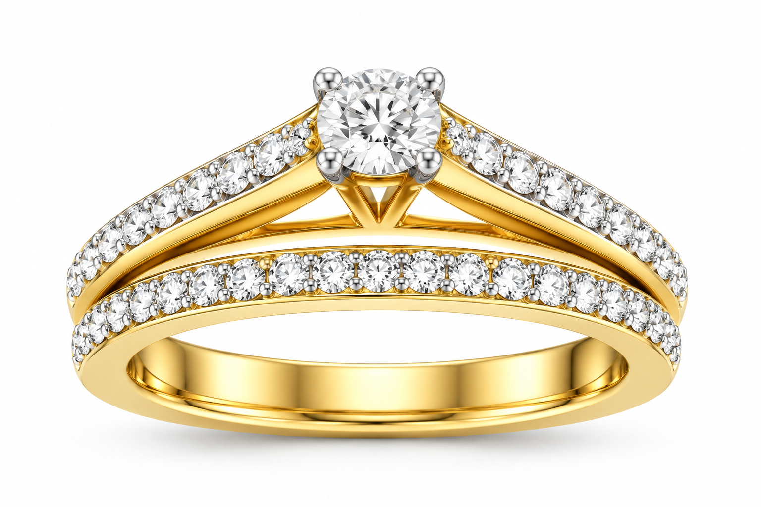 .50ctw diamond bridal set, .20ct Round centre with rounds on straight shoulders & matching band10K yellow gold
